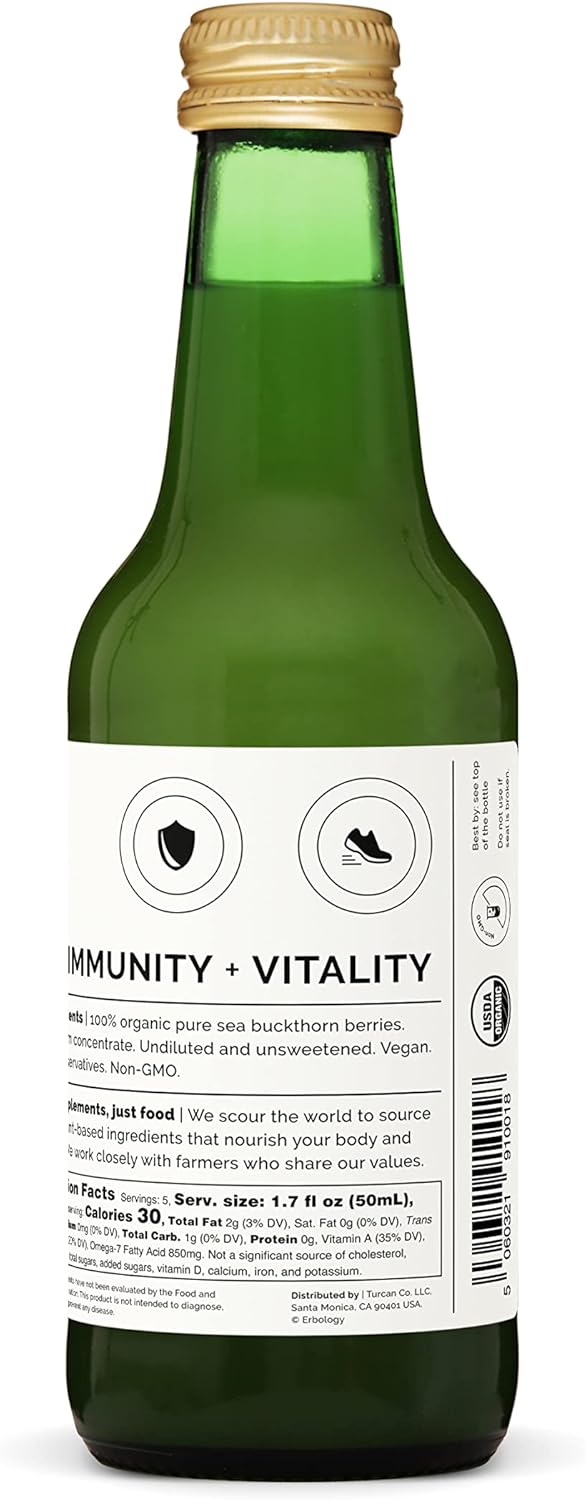 Organic Sea Buckthorn Juice 8.5 fl oz - Immunity Support, Energy Boost - Rich in Vitamin C, Omega-7, Beta-carotene - Undiluted, No Sugar - Non-GMO - Recyclable Glass - Erbology