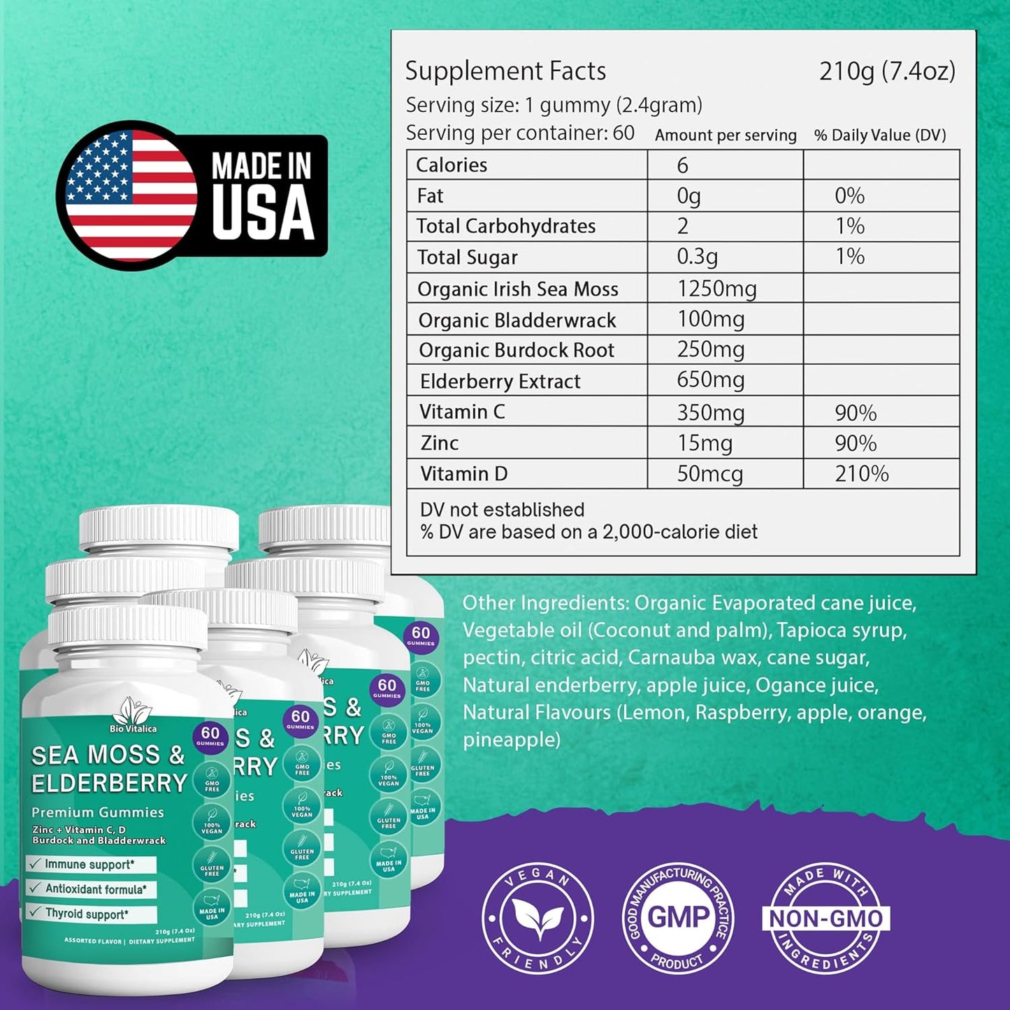 Organic Sea Moss and Elderberry Gummies by BIO VITALICA - Pack of 6