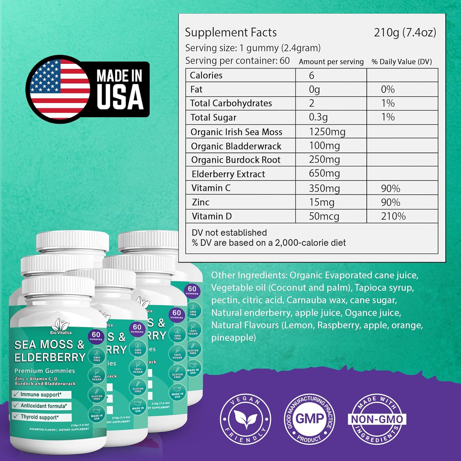 Organic Sea Moss and Elderberry Gummies by BIO VITALICA - Pack of 6