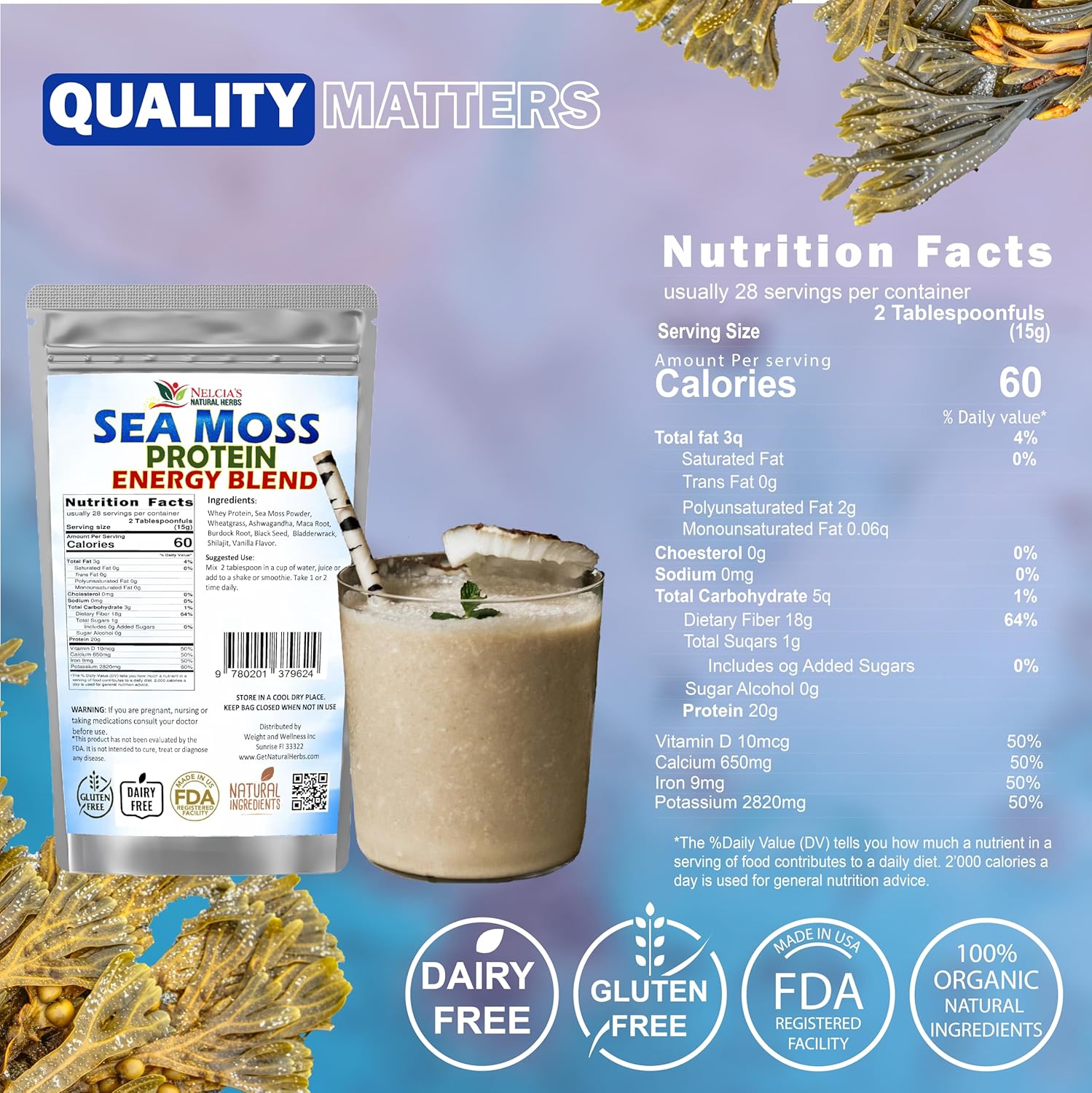 Organic Sea Moss Ashwagandha Protein Powder with Black Seed - Natural Irish Sea Moss, Bladderwrack, Burdock Root, Shilajit (16oz)