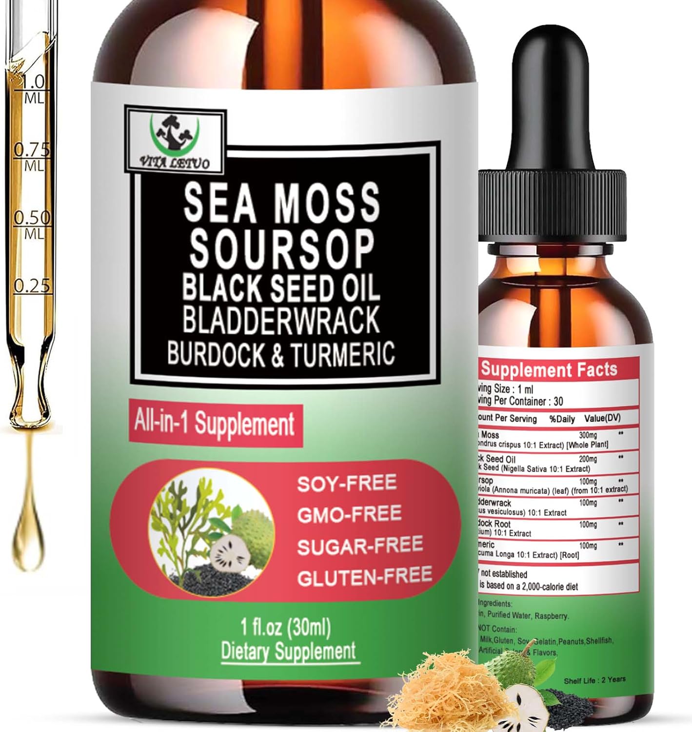 Organic Sea Moss Black Seed Oil Soursop Drops with Multiminerals for Immune & Digestive Support