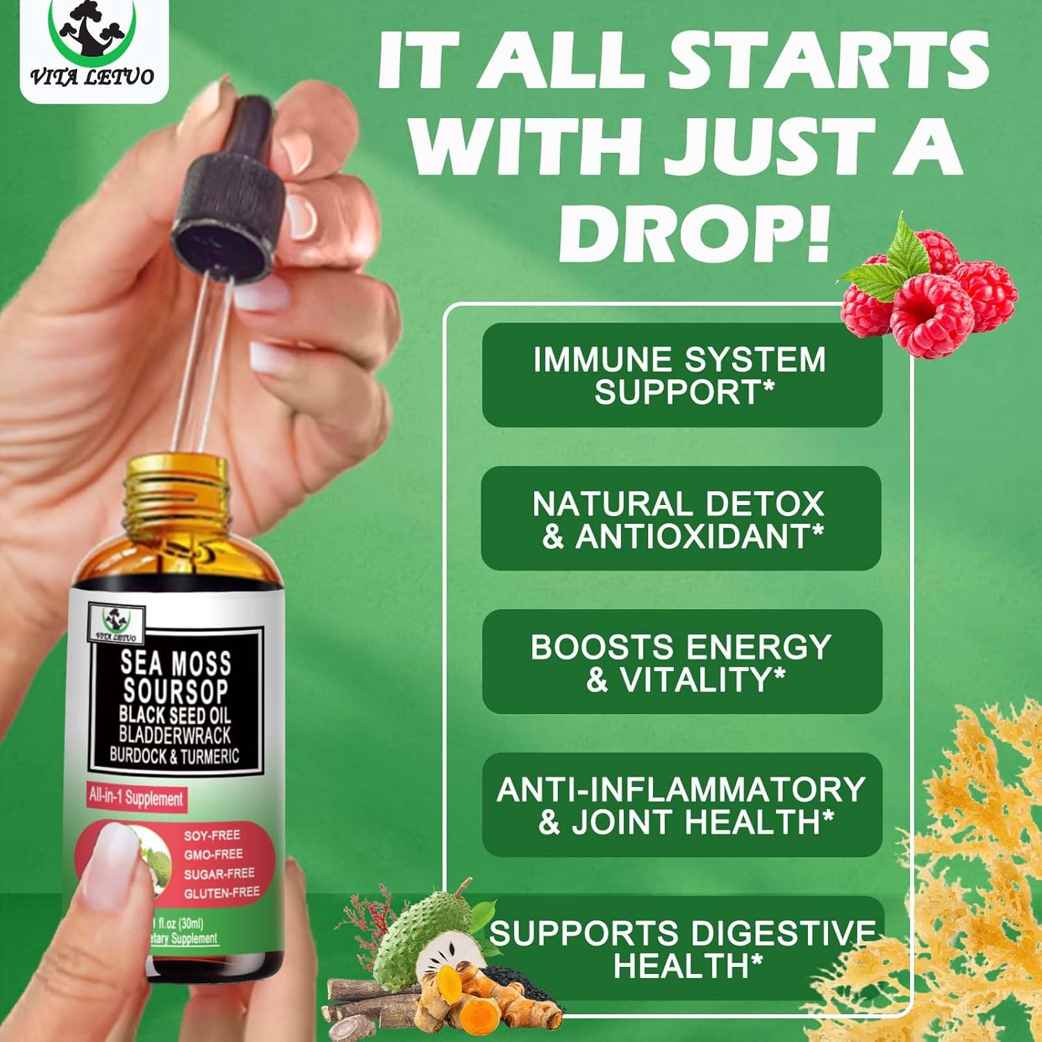 Organic Sea Moss Black Seed Oil Soursop Drops with Multiminerals for Immune & Digestive Support