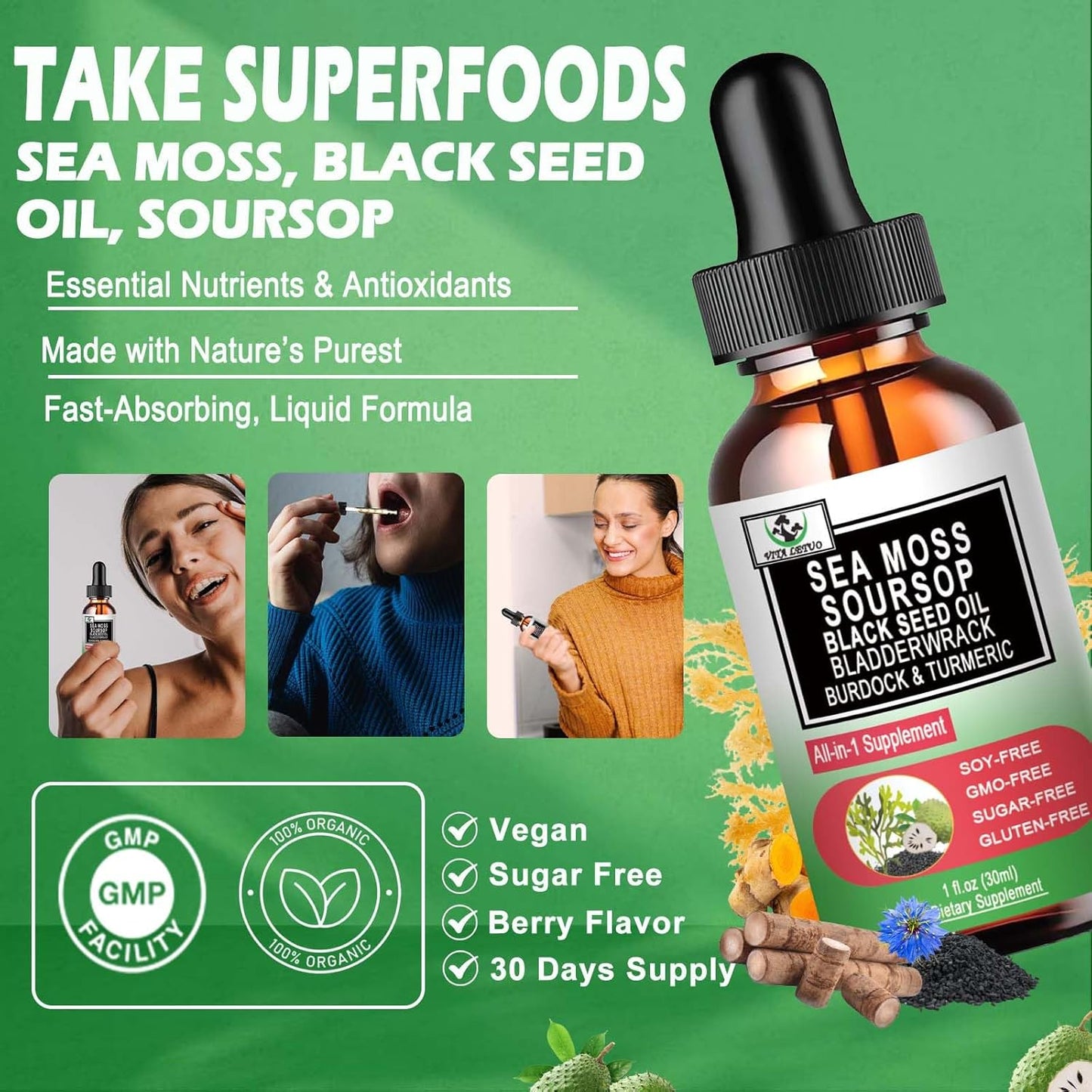 Organic Sea Moss Black Seed Oil Soursop Drops with Multiminerals for Immune & Digestive Support