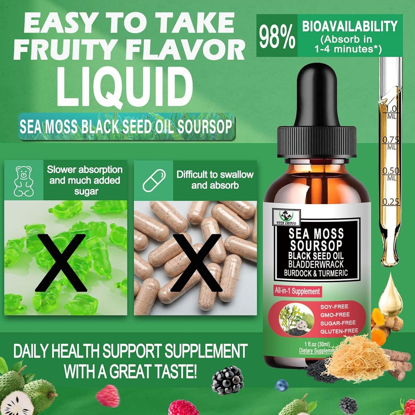 Organic Sea Moss Black Seed Oil Soursop Drops with Multiminerals for Immune & Digestive Support
