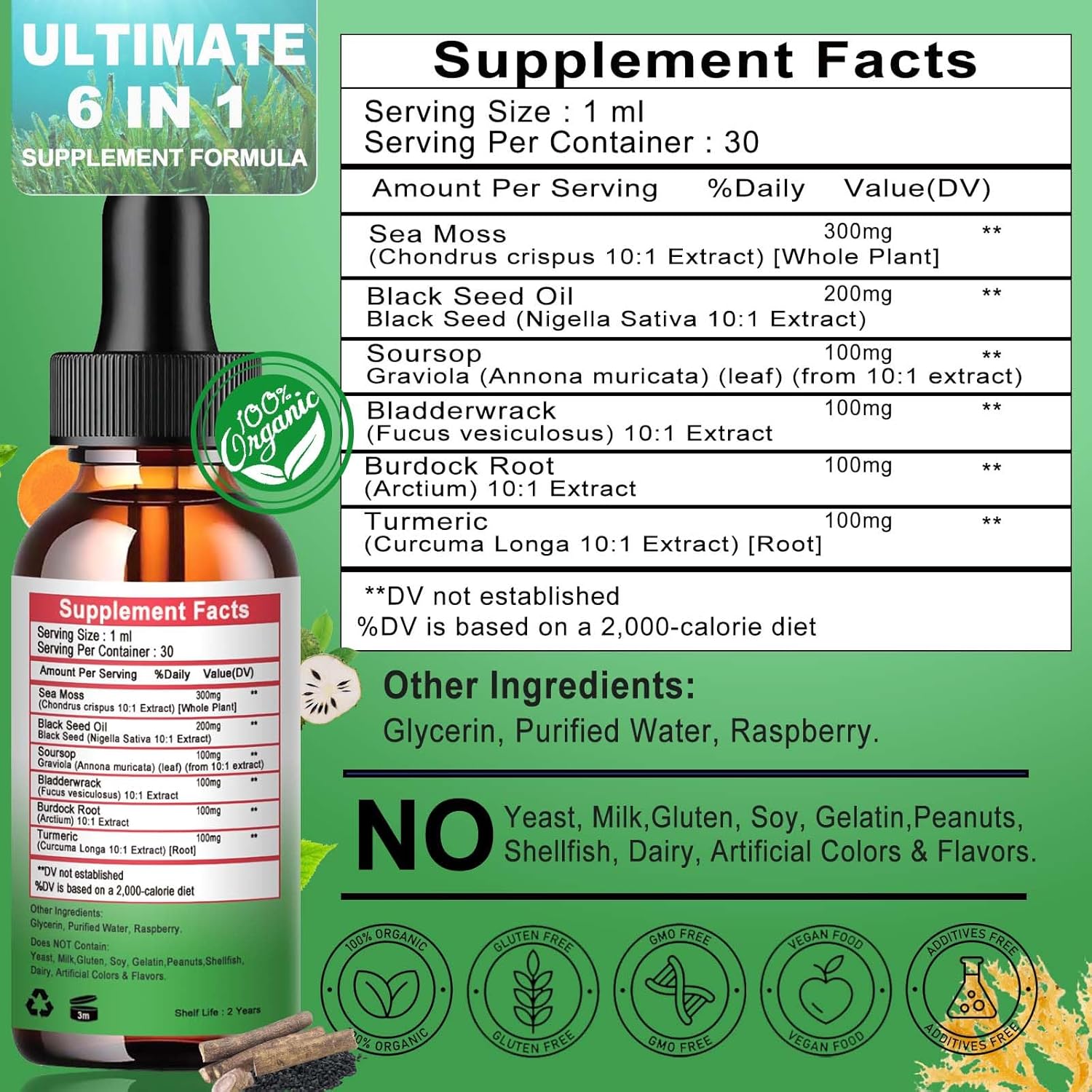 Organic Sea Moss Black Seed Oil Soursop Drops with Multiminerals for Immune & Digestive Support