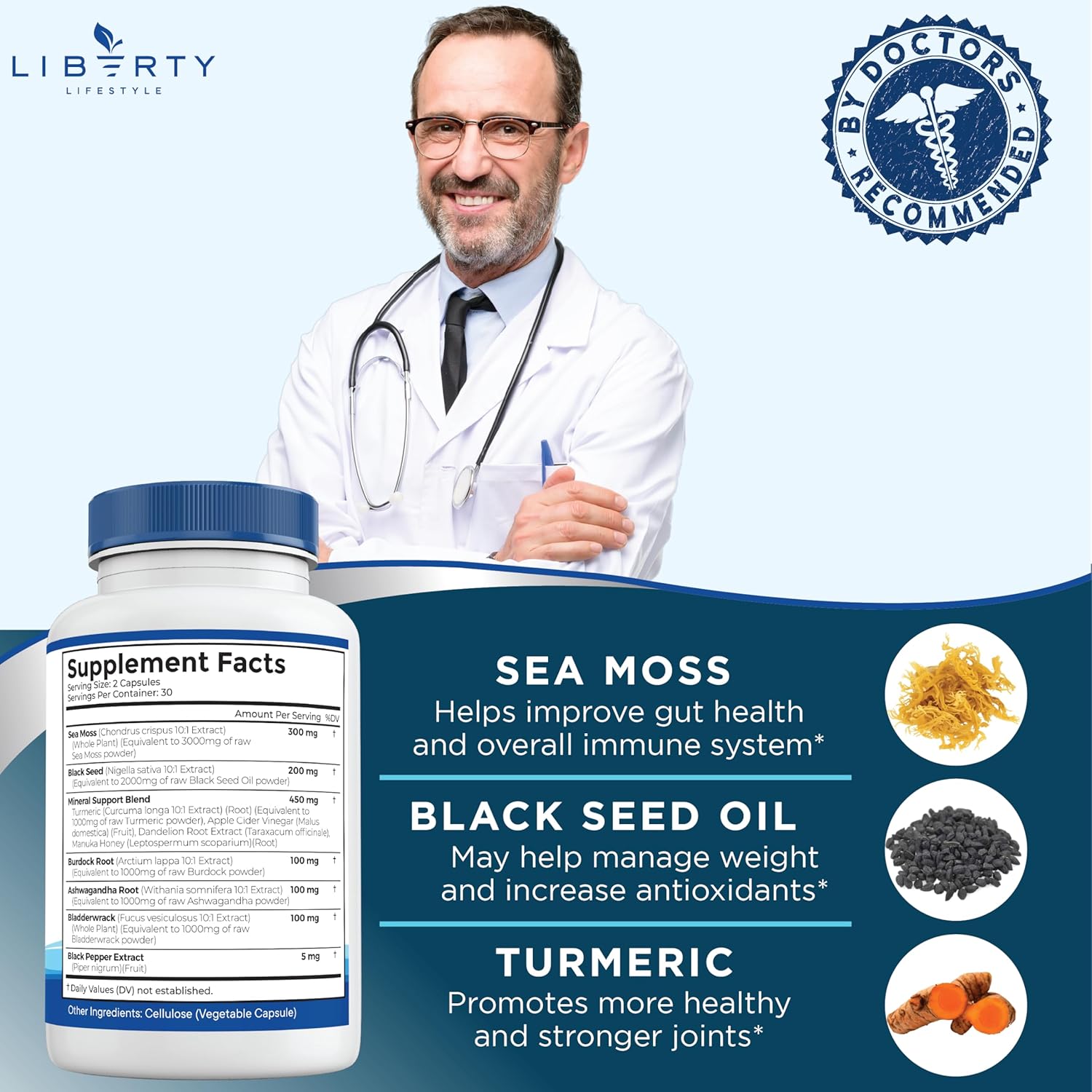Organic Sea Moss Black Seed Oil with Ashwagandha, Turmeric, Bladderwrack, and Burdock - Infused with Manuka Honey, Dandelion, ACV, and Black Pepper - Gluten-Free Formula - 1-Pack