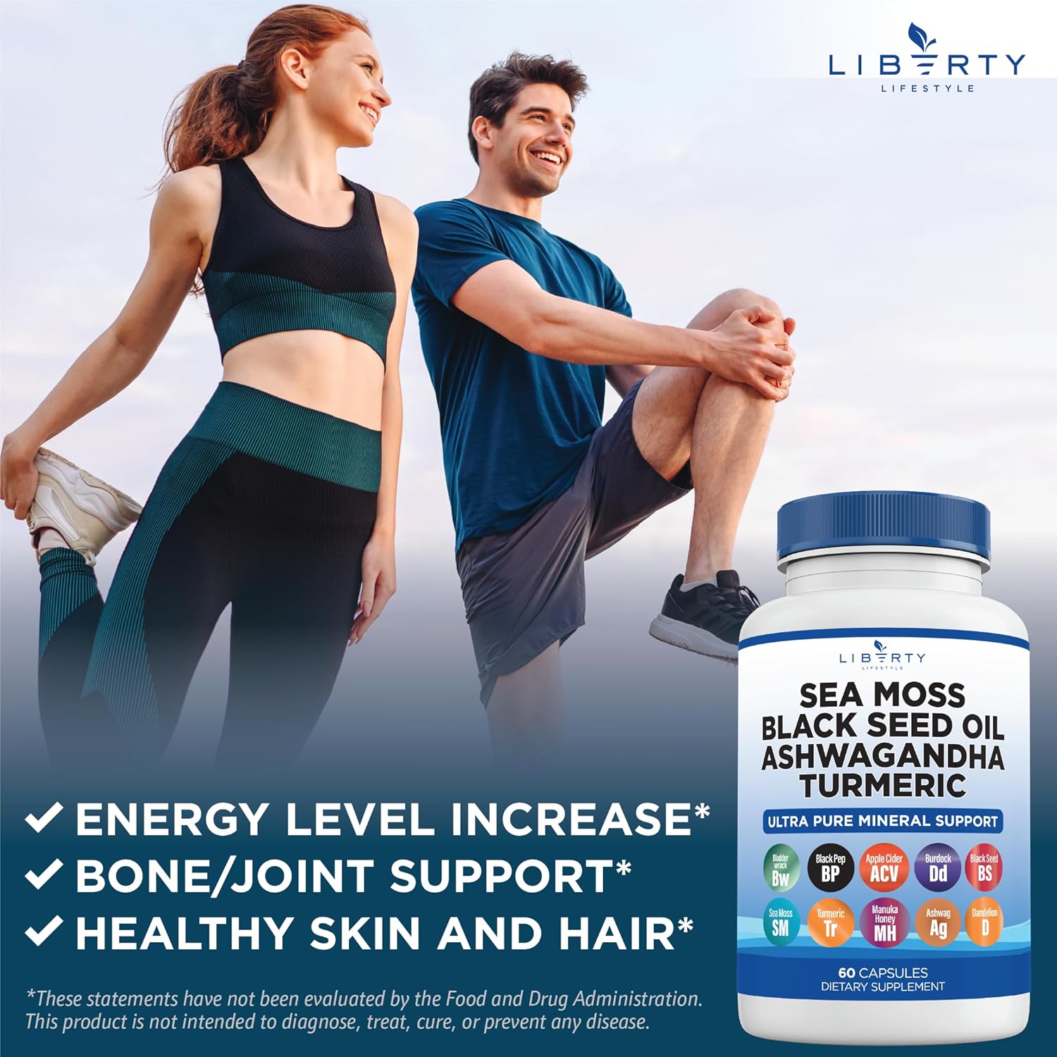 Organic Sea Moss Black Seed Oil with Ashwagandha, Turmeric, Bladderwrack, and Burdock - Infused with Manuka Honey, Dandelion, ACV, and Black Pepper - Gluten-Free Formula - 1-Pack