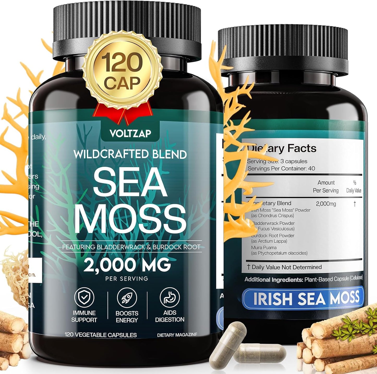 Organic Sea Moss Capsules 2000mg with Vitamin D3 K2 - Irish Sea Moss, Burdock Root, Bladderwrack, Muira Puama - 120 Capsules