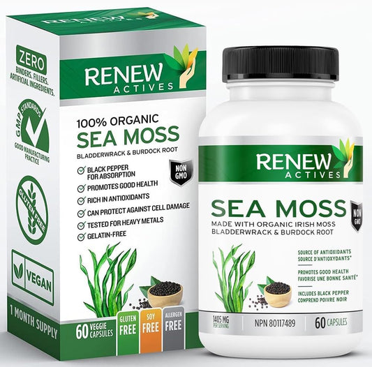 Organic Sea Moss Capsules with BioPerine for Superior Antioxidant Benefits - Premium Triple-Action Blend with Bladderwrack & Burdock Root - 60 Capsules