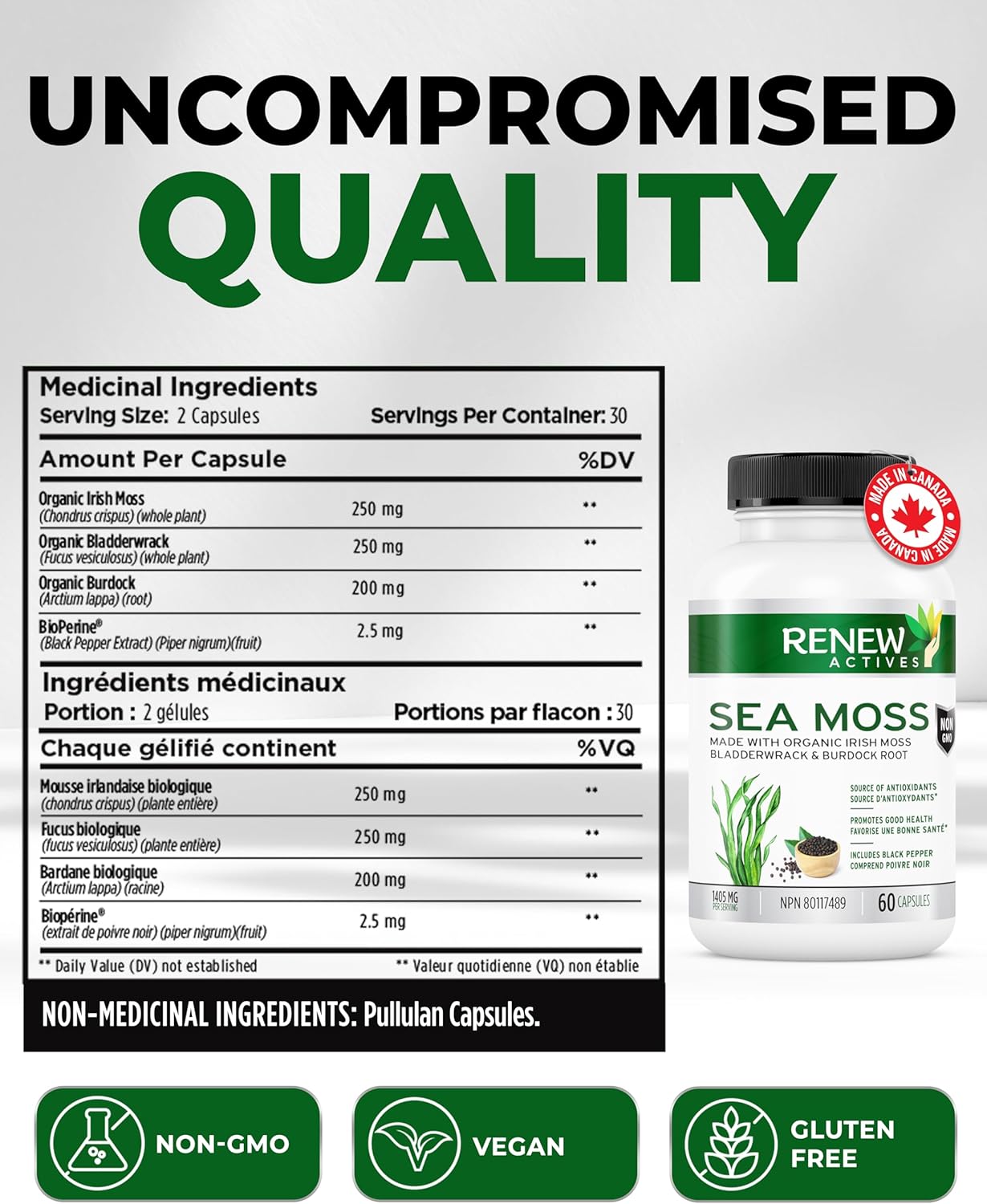 Organic Sea Moss Capsules with BioPerine for Superior Antioxidant Benefits - Premium Triple-Action Blend with Bladderwrack & Burdock Root - 60 Capsules