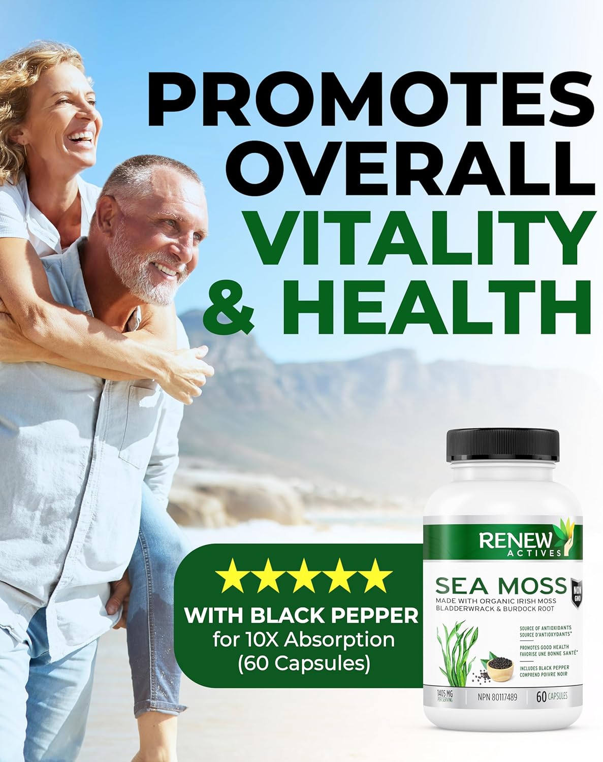 Organic Sea Moss Capsules with BioPerine for Superior Antioxidant Benefits - Premium Triple-Action Blend with Bladderwrack & Burdock Root - 60 Capsules