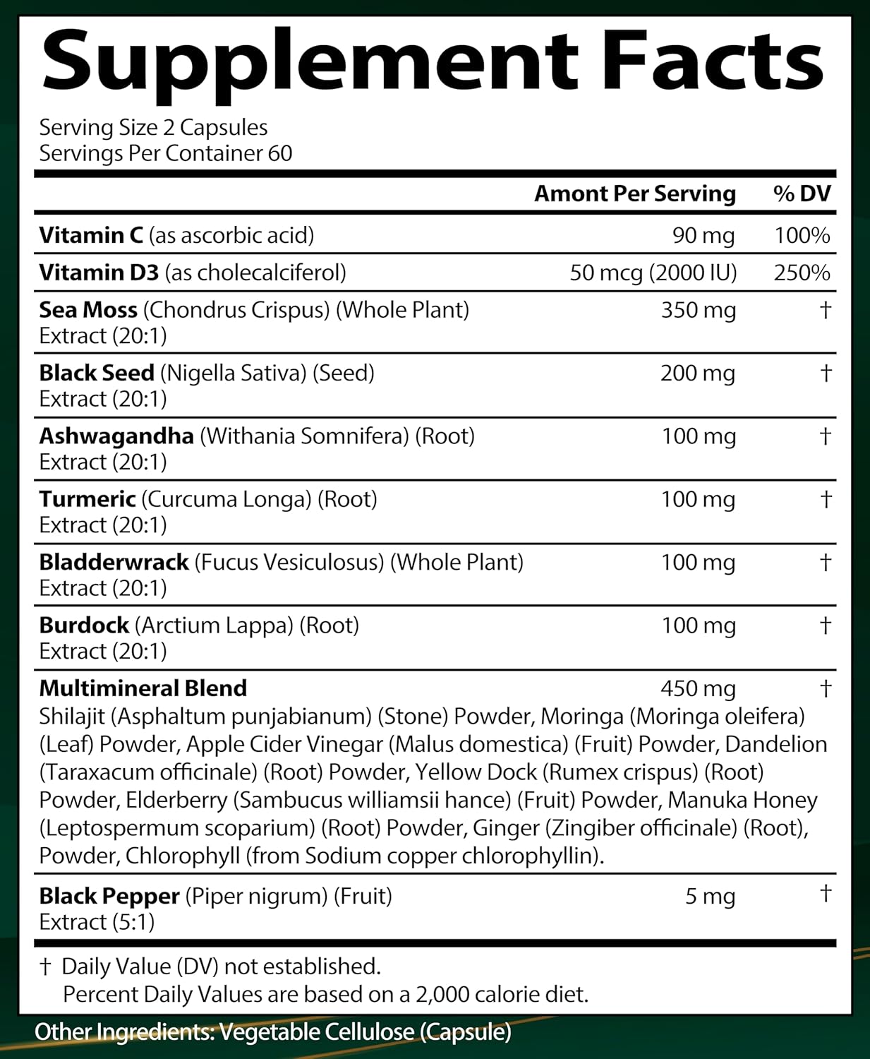 Organic Sea Moss Capsules with Black Seed Oil, Ashwagandha, and Ginger - Multimineral Supplement with Irish Seamoss, Bladderwrack, Burdock Root, Turmeric, Shilajit - 120 Capsules - USA Made