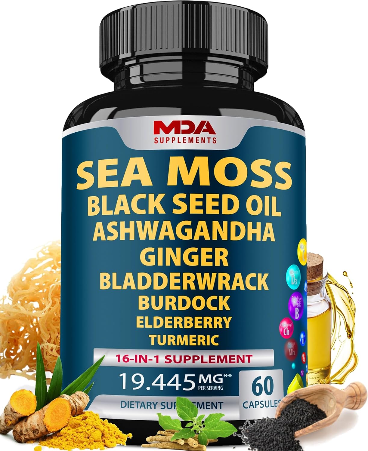 Organic Sea Moss Capsules with Black Seed Oil, Ashwagandha, Ginger, Burdock Root & Bladderwrack - 60 Pills