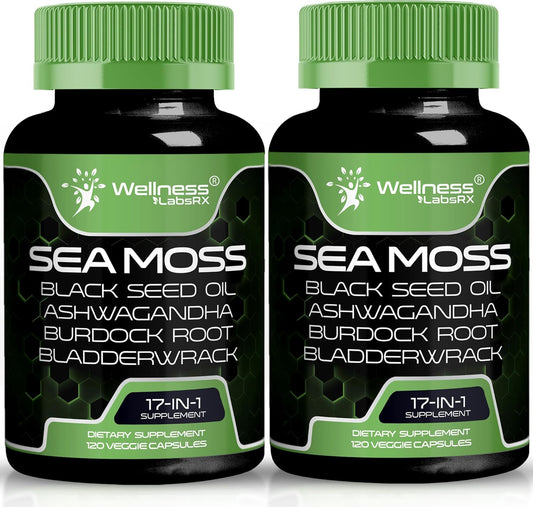 Organic Sea Moss Capsules with Black Seed Oil, Ashwagandha, and Burdock Root for Immune and Blood Pressure Support - 240 Count (2 Pack)