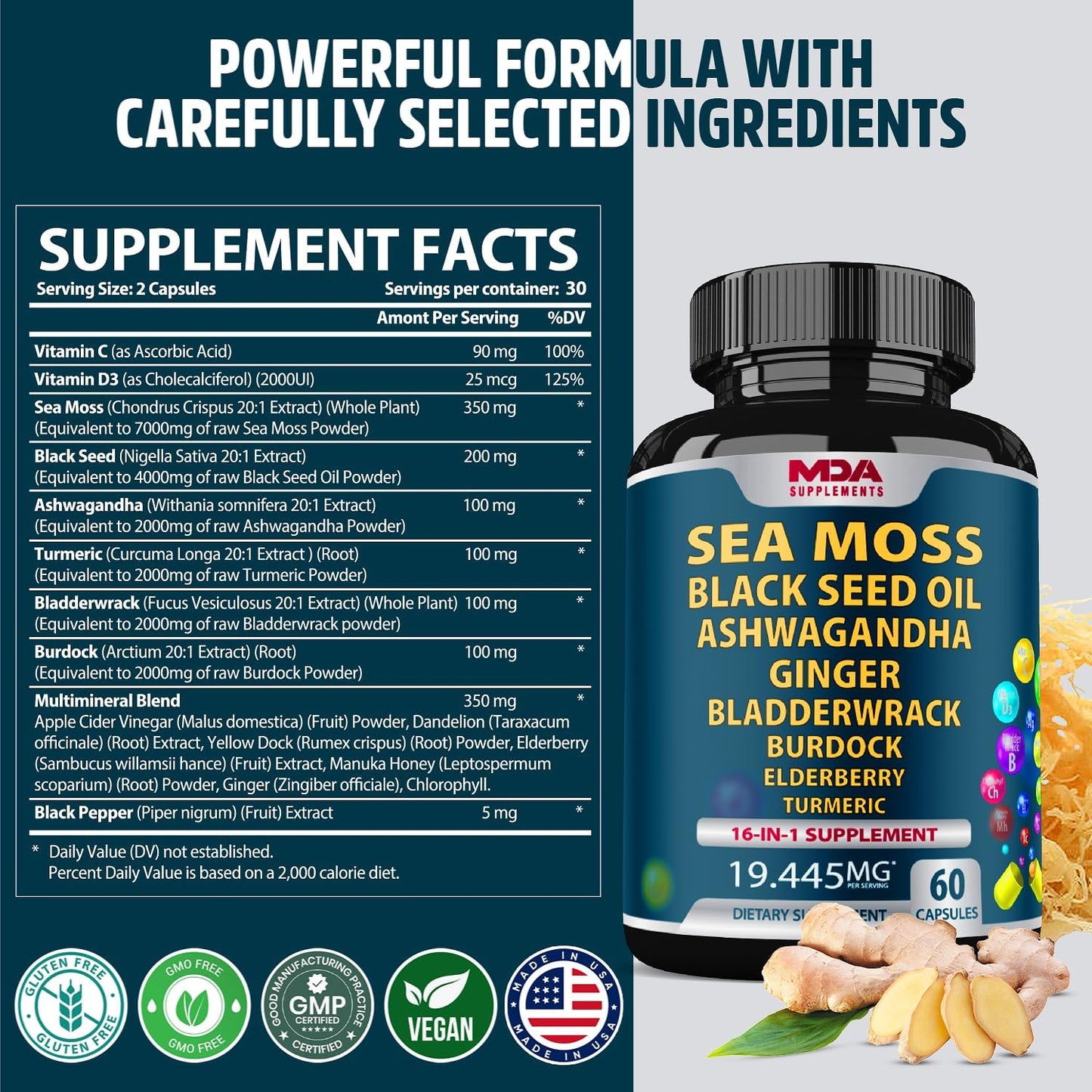 Organic Sea Moss Capsules with Black Seed Oil, Ashwagandha, Ginger, Burdock Root & Bladderwrack - 60 Pills