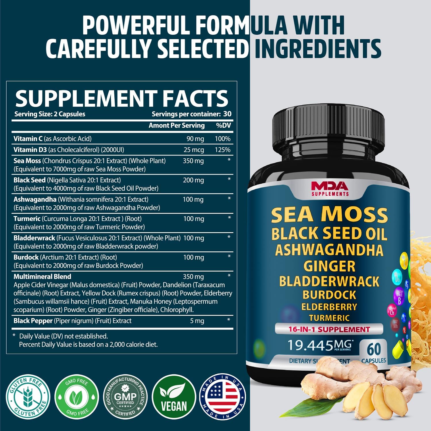 Organic Sea Moss Capsules with Black Seed Oil, Ashwagandha, Ginger, Burdock Root & Bladderwrack - 60 Pills