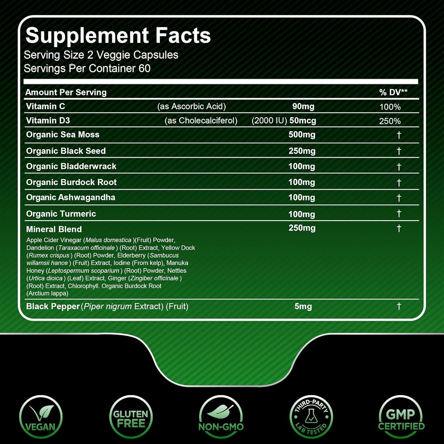 Organic Sea Moss Capsules with Black Seed Oil, Ashwagandha, and Burdock Root for Immune and Blood Pressure Support - 240 Count (2 Pack)