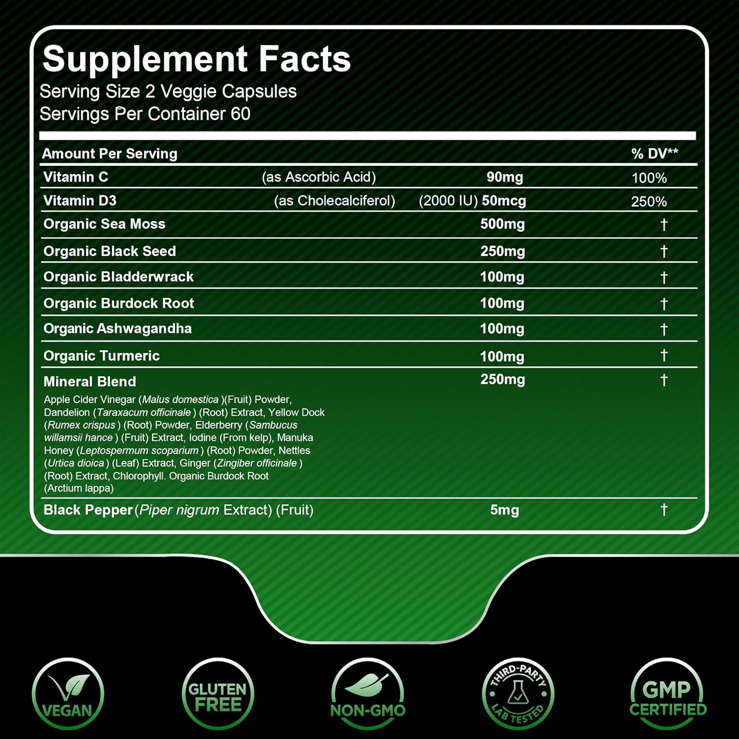 Organic Sea Moss Capsules with Black Seed Oil, Ashwagandha, and Burdock Root for Immune and Blood Pressure Support - 240 Count (2 Pack)