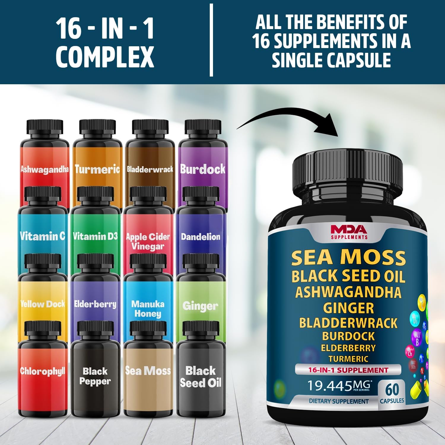 Organic Sea Moss Capsules with Black Seed Oil, Ashwagandha, Ginger, Burdock Root & Bladderwrack - 60 Pills