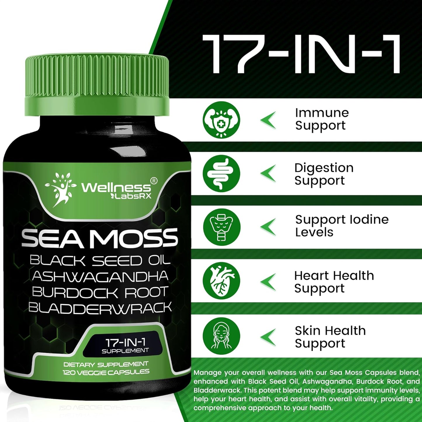 Organic Sea Moss Capsules with Black Seed Oil, Ashwagandha, and Burdock Root for Immune and Blood Pressure Support - 240 Count (2 Pack)