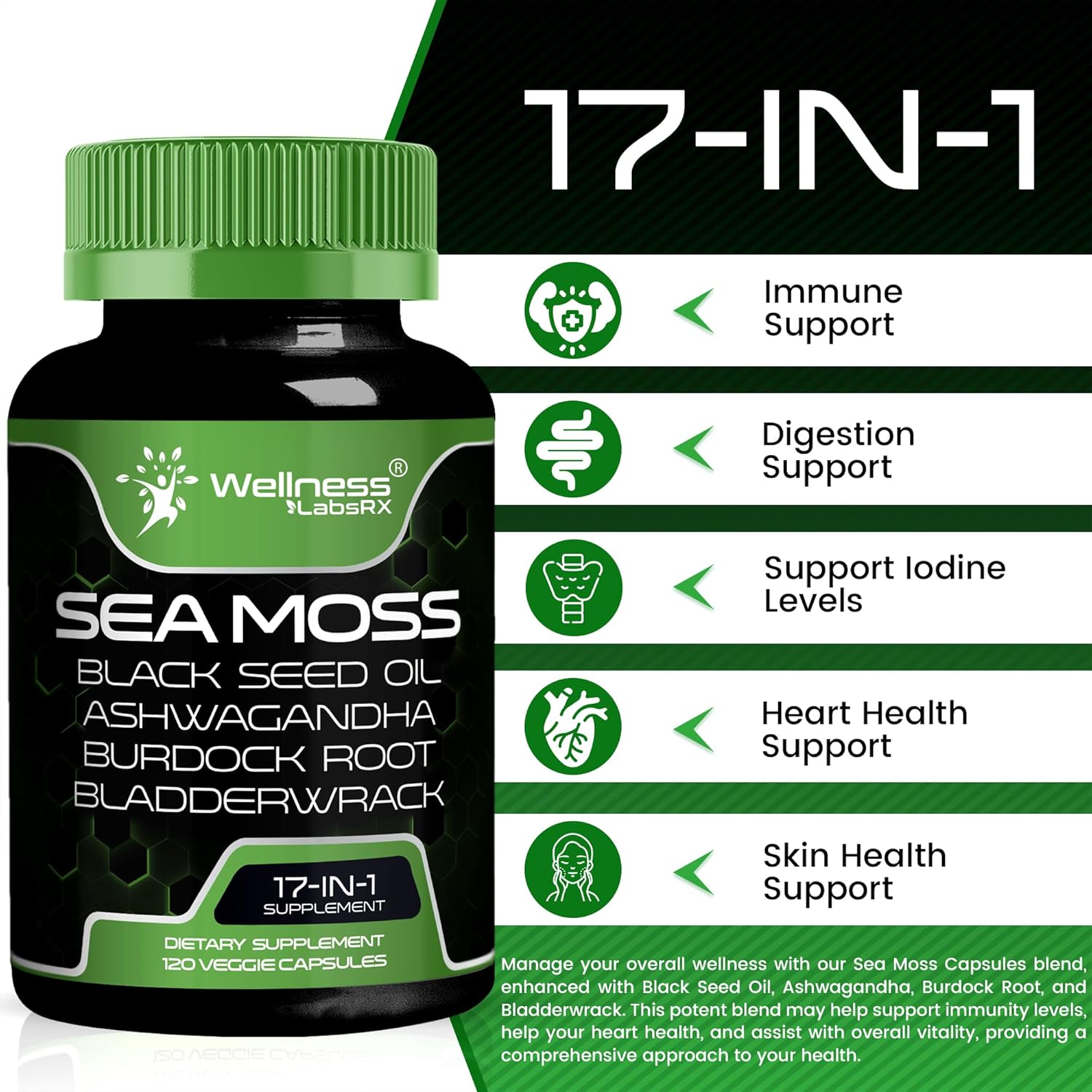 Organic Sea Moss Capsules with Black Seed Oil, Ashwagandha, and Burdock Root for Immune and Blood Pressure Support - 240 Count (2 Pack)