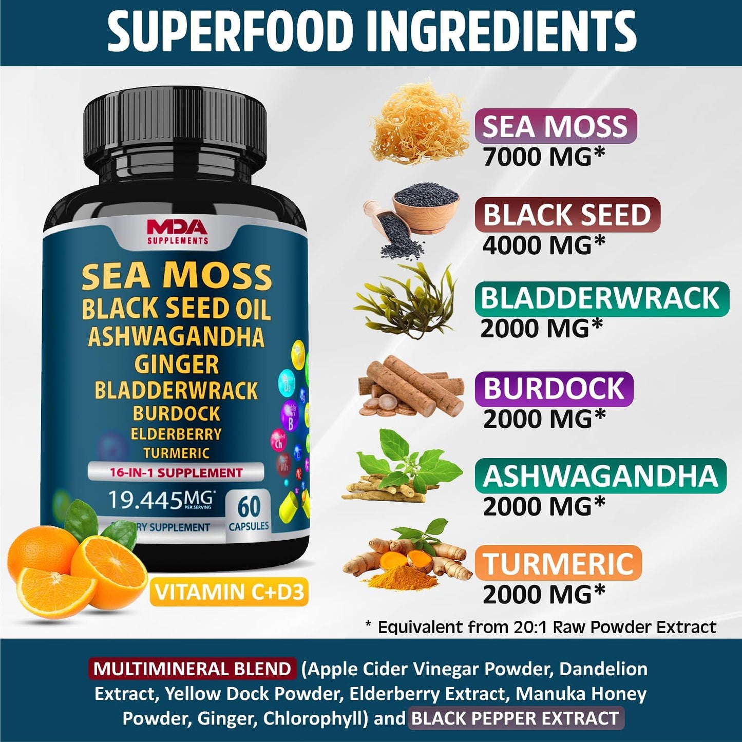 Organic Sea Moss Capsules with Black Seed Oil, Ashwagandha, Ginger, Burdock Root & Bladderwrack - 60 Pills