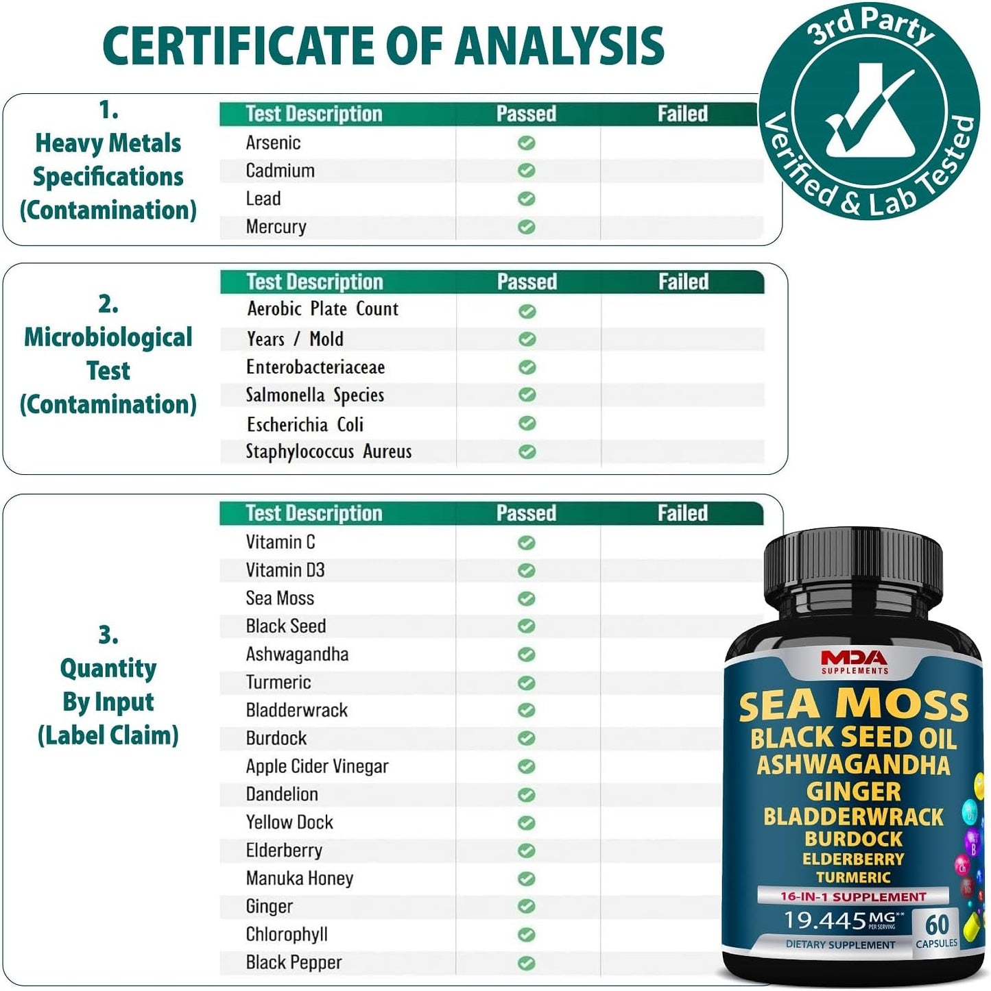 Organic Sea Moss Capsules with Black Seed Oil, Ashwagandha, Ginger, Burdock Root & Bladderwrack - 60 Pills
