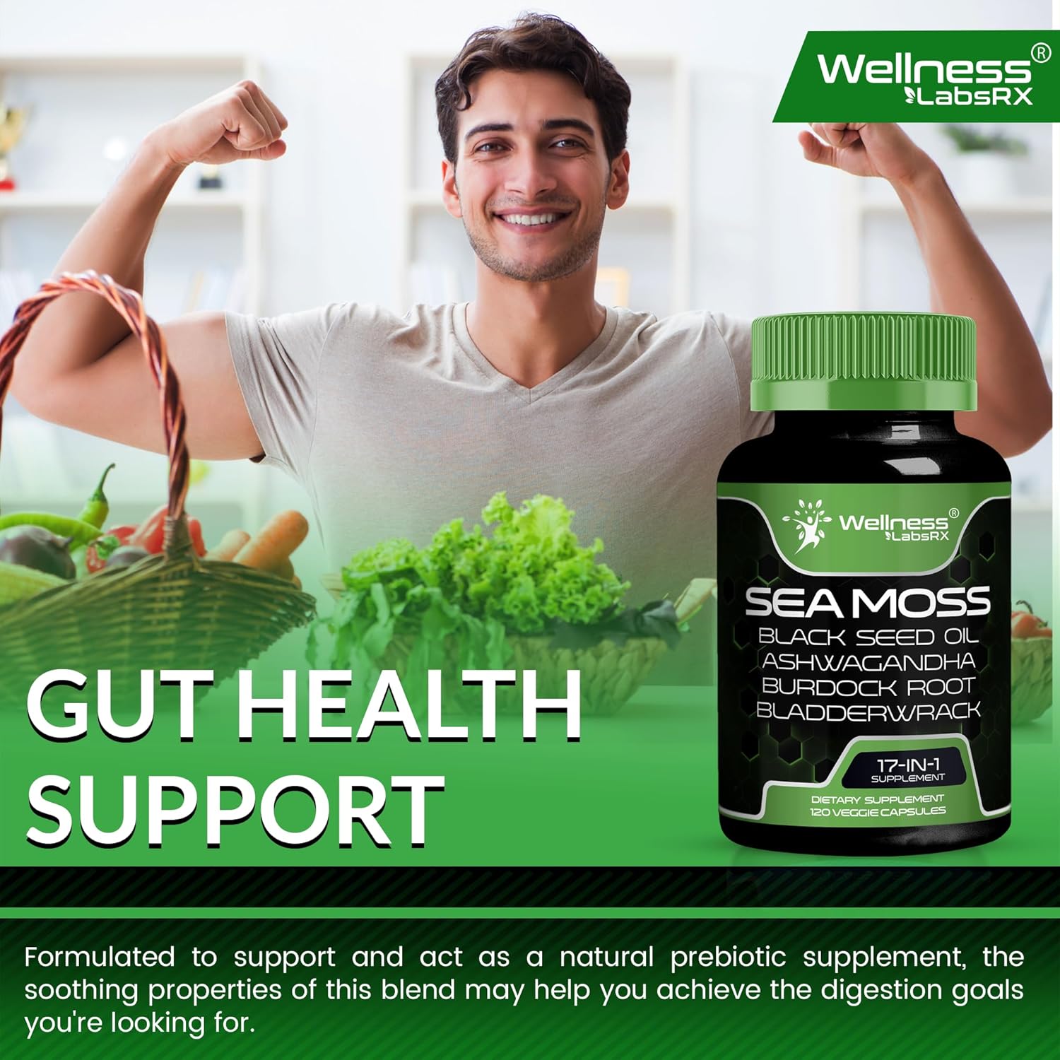 Organic Sea Moss Capsules with Black Seed Oil, Ashwagandha, and Burdock Root for Immune and Blood Pressure Support - 240 Count (2 Pack)