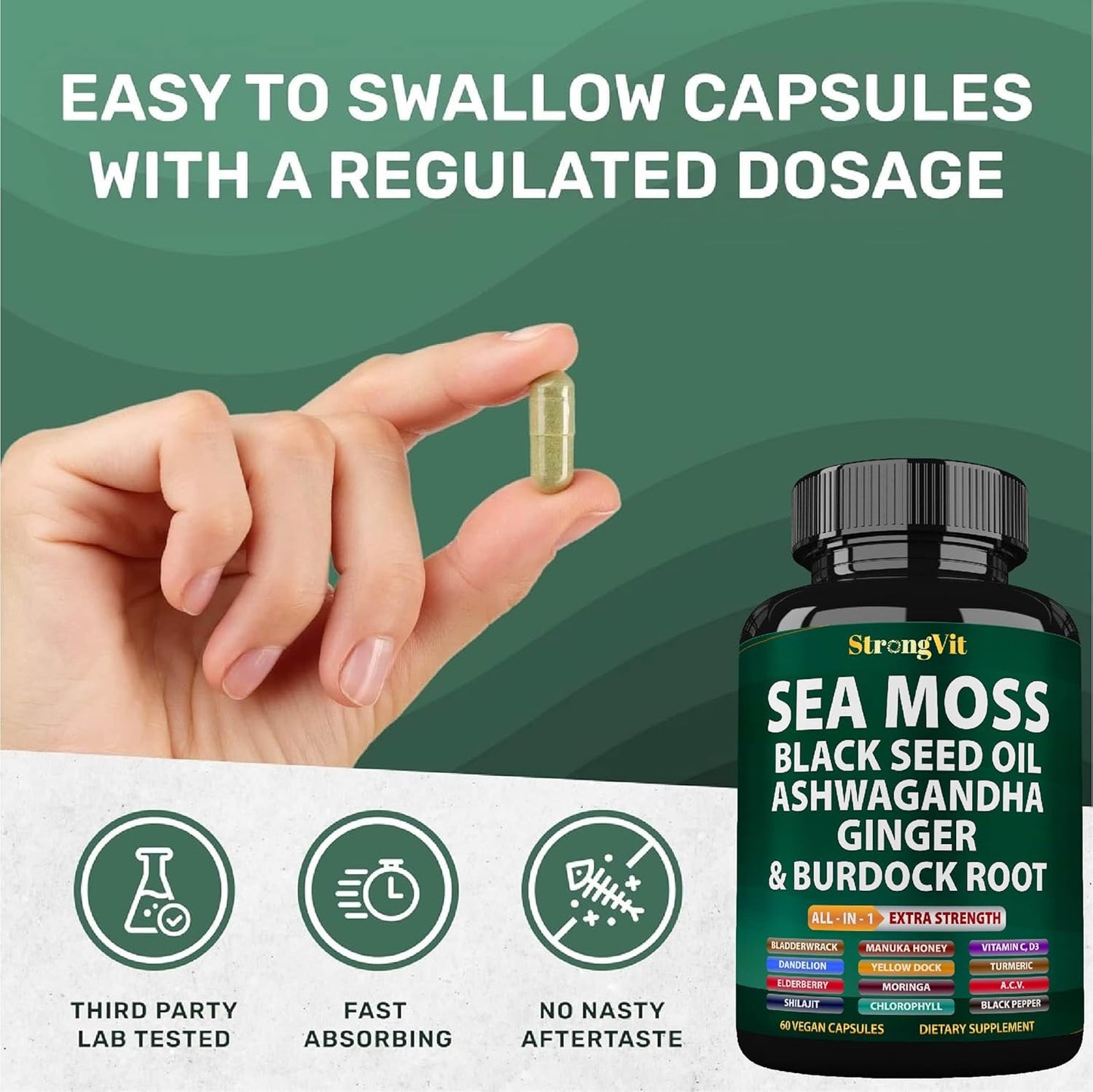 Organic Sea Moss Capsules with Black Seed Oil, Ashwagandha, and Ginger - Multimineral Supplement with Irish Seamoss, Bladderwrack, Burdock Root, Turmeric, Shilajit - 120 Capsules - USA Made