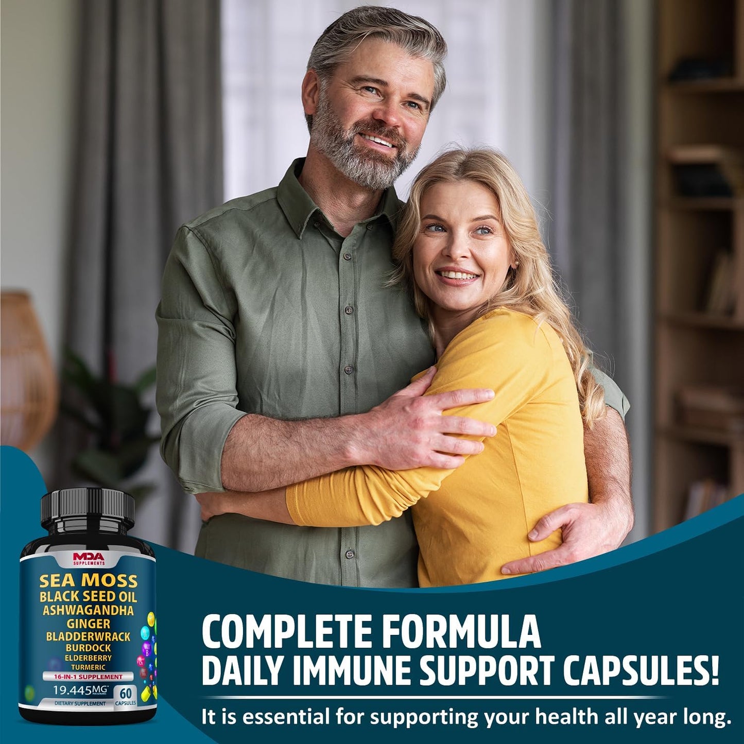 Organic Sea Moss Capsules with Black Seed Oil, Ashwagandha, Ginger, Burdock Root & Bladderwrack - 60 Pills