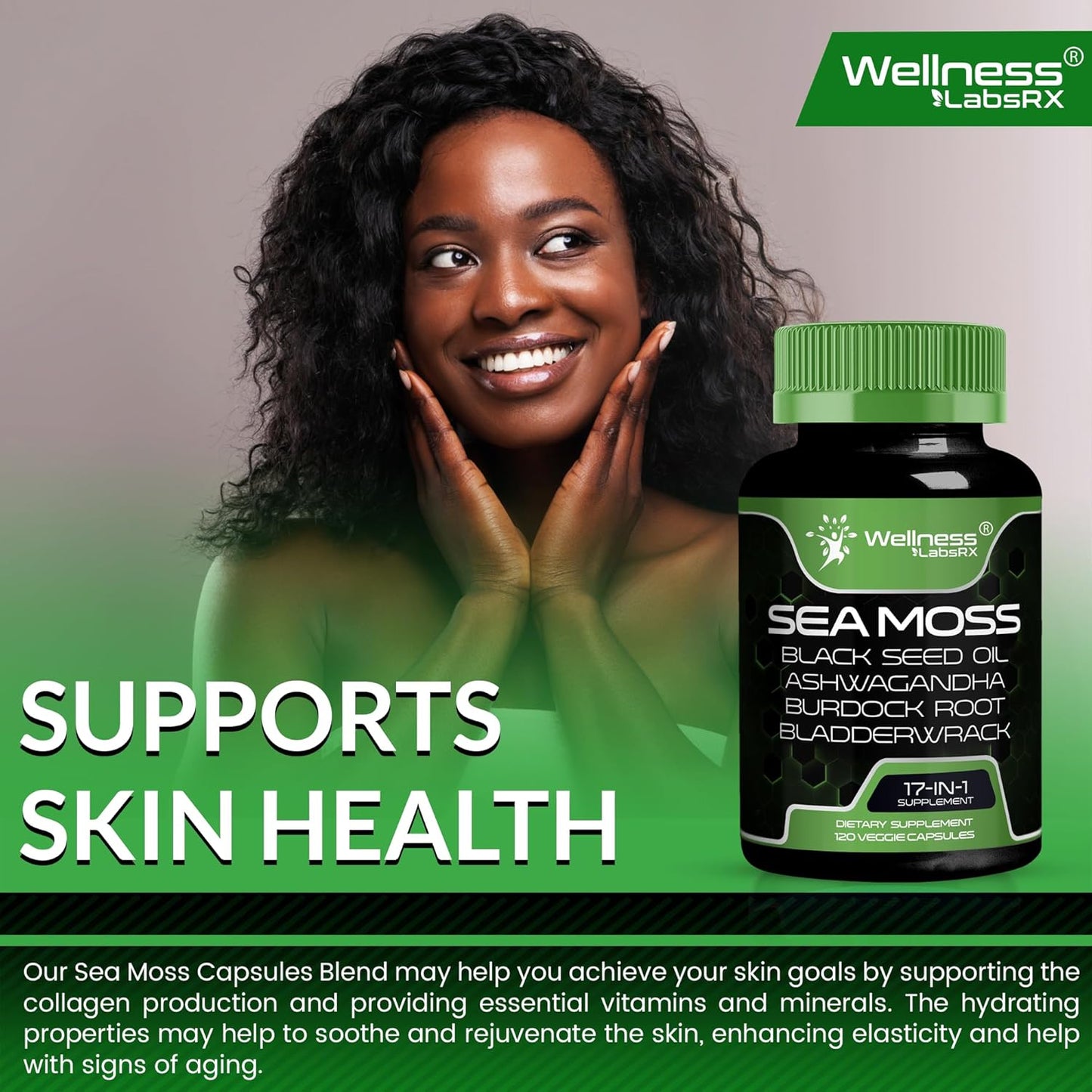 Organic Sea Moss Capsules with Black Seed Oil, Ashwagandha, and Burdock Root for Immune and Blood Pressure Support - 240 Count (2 Pack)