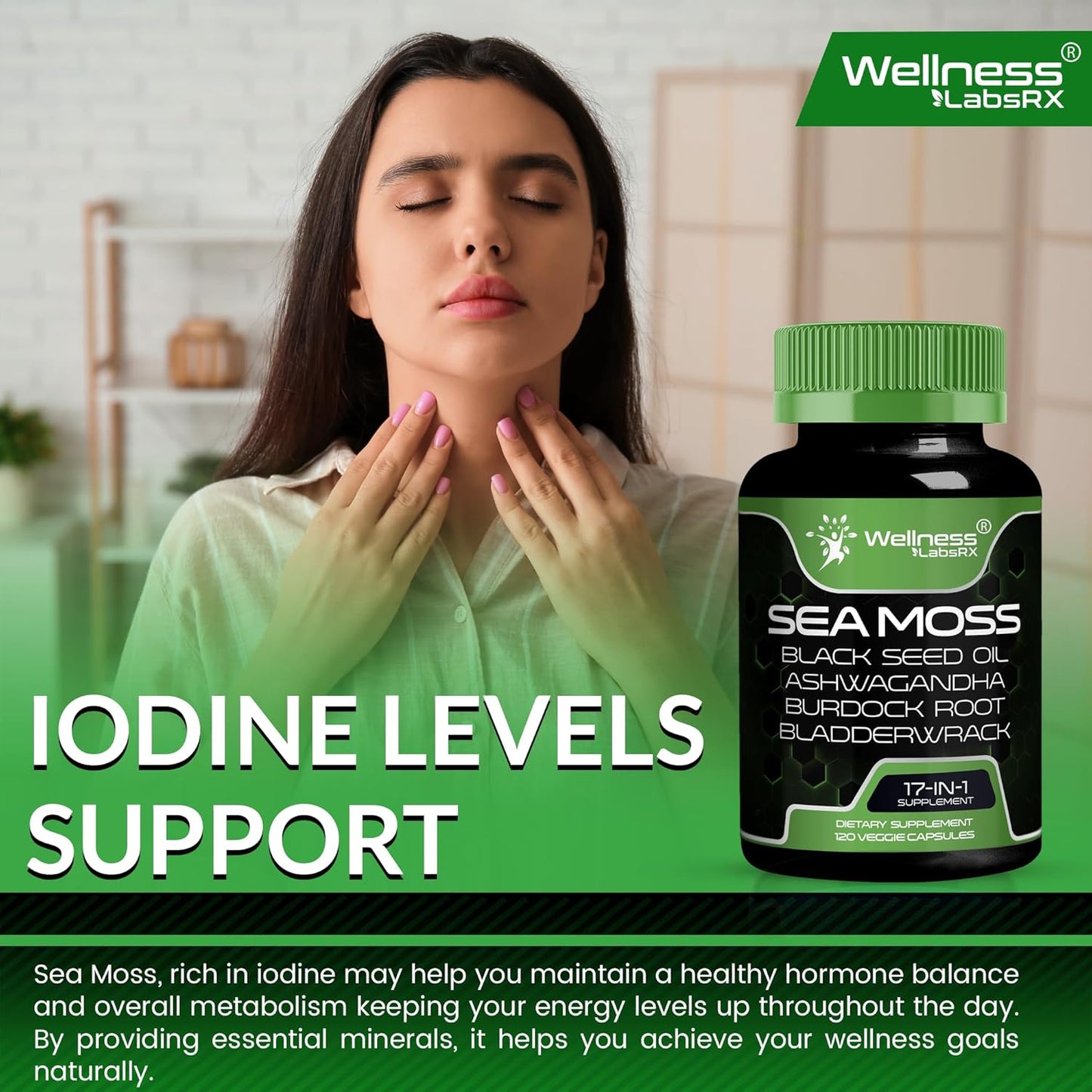 Organic Sea Moss Capsules with Black Seed Oil, Ashwagandha, and Burdock Root for Immune and Blood Pressure Support - 240 Count (2 Pack)