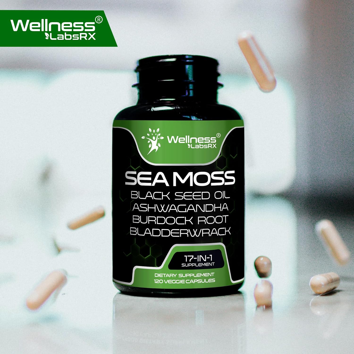 Organic Sea Moss Capsules with Black Seed Oil, Ashwagandha, and Burdock Root for Immune and Blood Pressure Support - 240 Count (2 Pack)