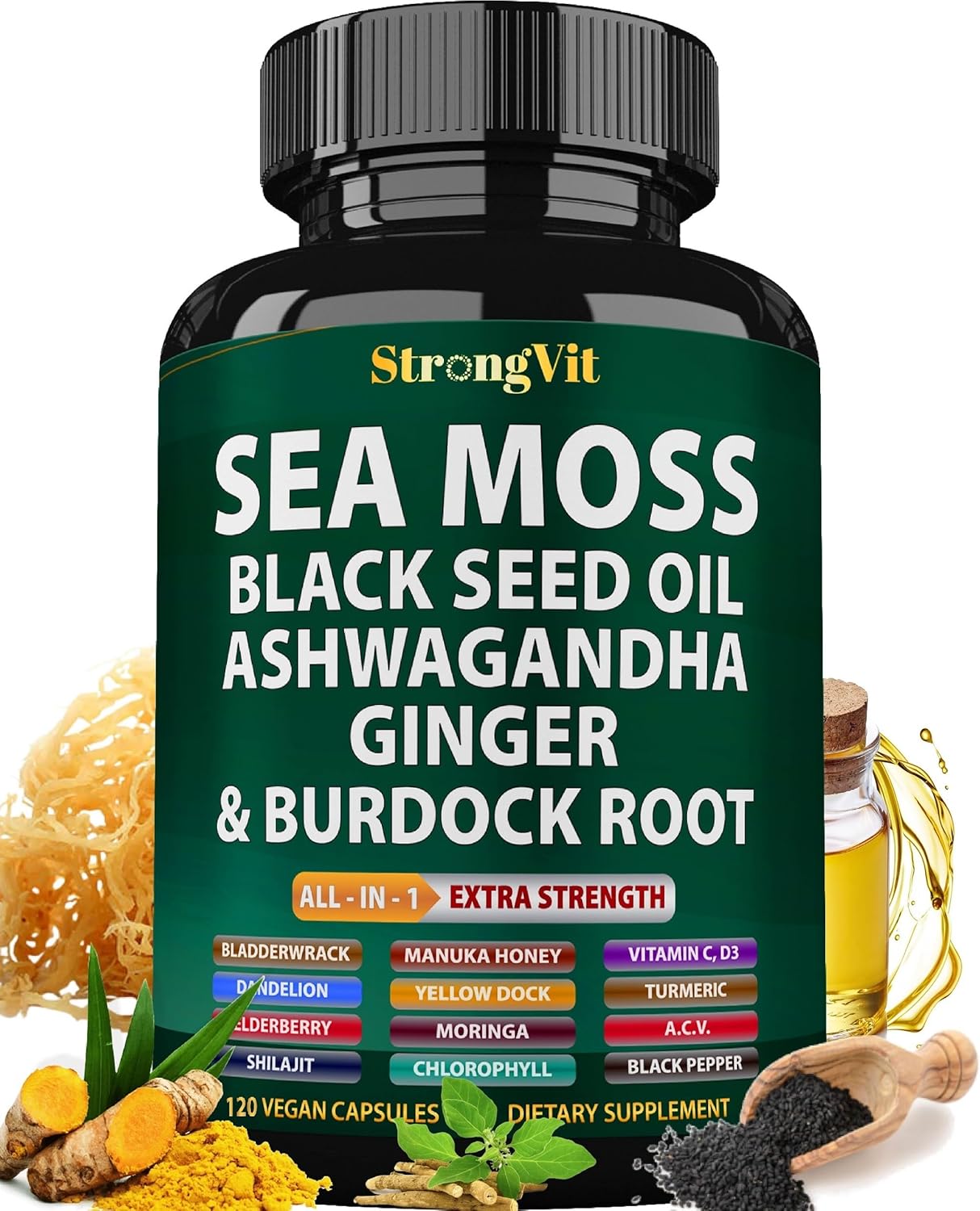 Organic Sea Moss Capsules with Black Seed Oil, Ginger, Ashwagandha, Burdock Root, Bladderwrack, Turmeric, Shilajit - Multimineral Supplement (120 Capsules)