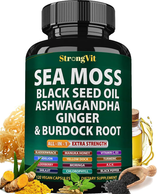 Organic Sea Moss Capsules with Black Seed Oil, Ginger, Ashwagandha, Burdock Root, Bladderwrack, Turmeric, Shilajit - Multimineral Supplement (120 Capsules)
