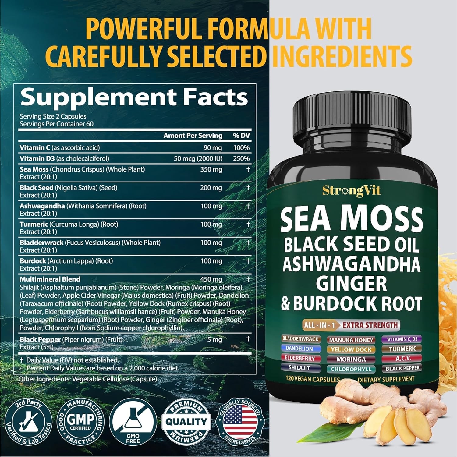Organic Sea Moss Capsules with Black Seed Oil, Ginger, Ashwagandha, Burdock Root, Bladderwrack, Turmeric, Shilajit - Multimineral Supplement (120 Capsules)