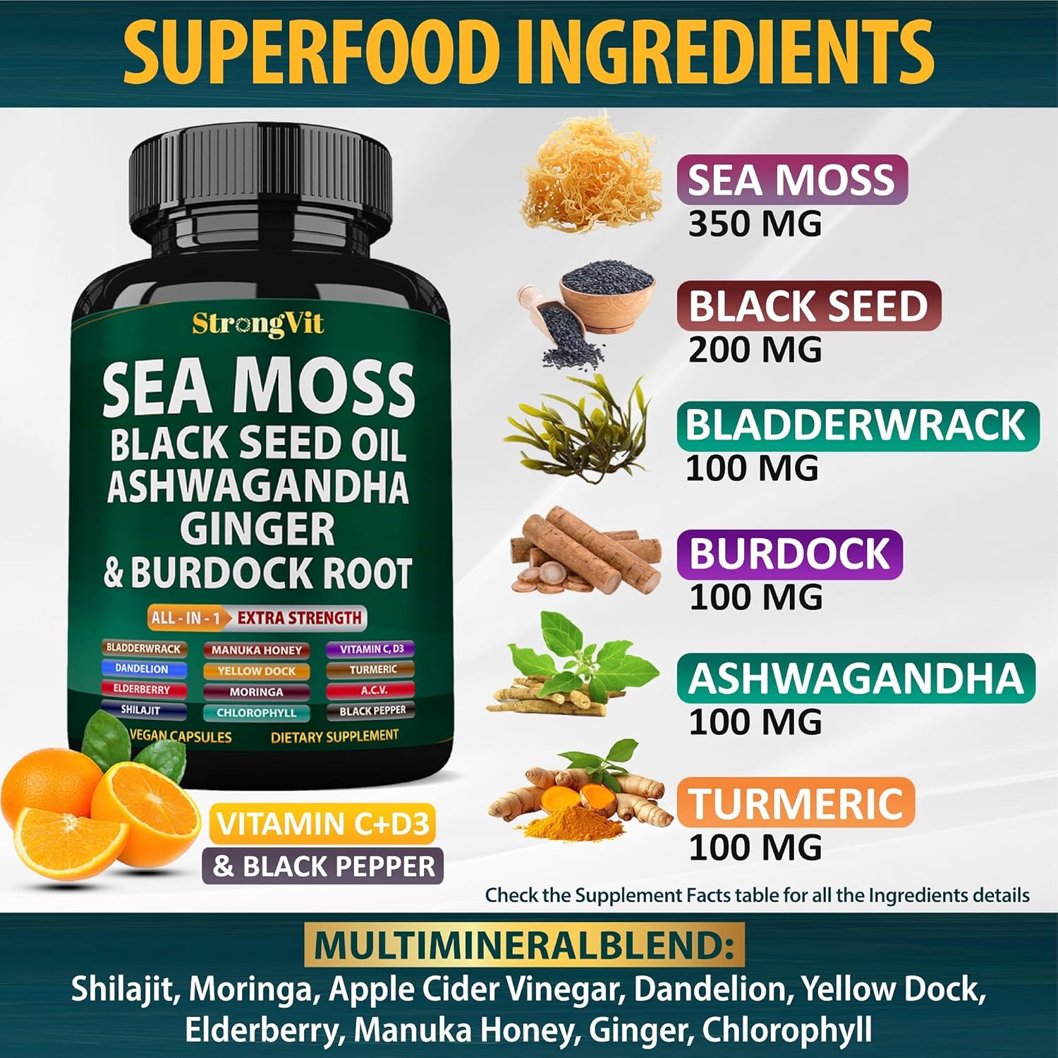 Organic Sea Moss Capsules with Black Seed Oil, Ginger, Ashwagandha, Burdock Root, Bladderwrack, Turmeric, Shilajit - Multimineral Supplement (120 Capsules)