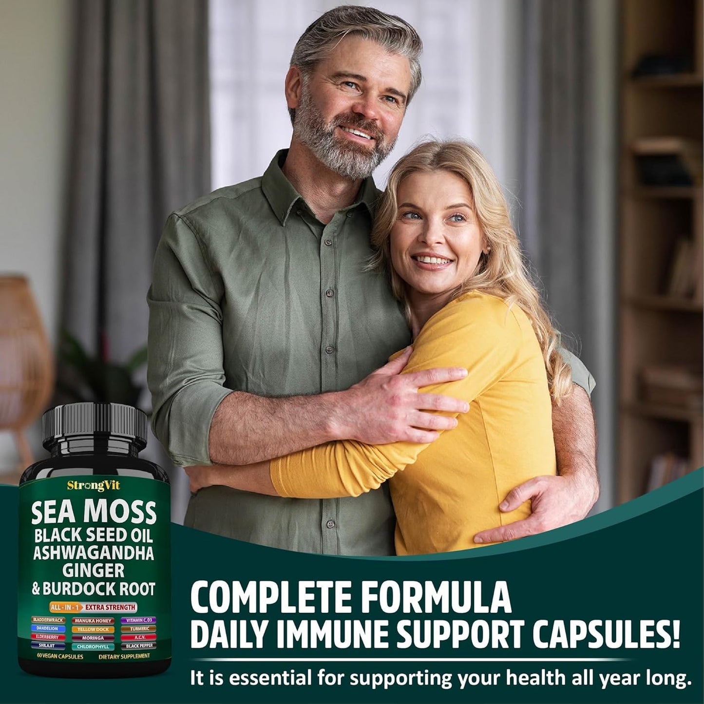 Organic Sea Moss Capsules with Black Seed Oil, Ginger, Ashwagandha, Burdock Root, Bladderwrack, Turmeric, Shilajit - Multimineral Supplement (120 Capsules)