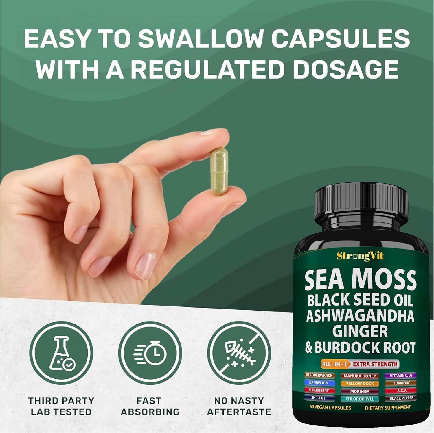 Organic Sea Moss Capsules with Black Seed Oil, Ginger, Ashwagandha, Burdock Root, Bladderwrack, Turmeric, Shilajit - Multimineral Supplement (120 Capsules)