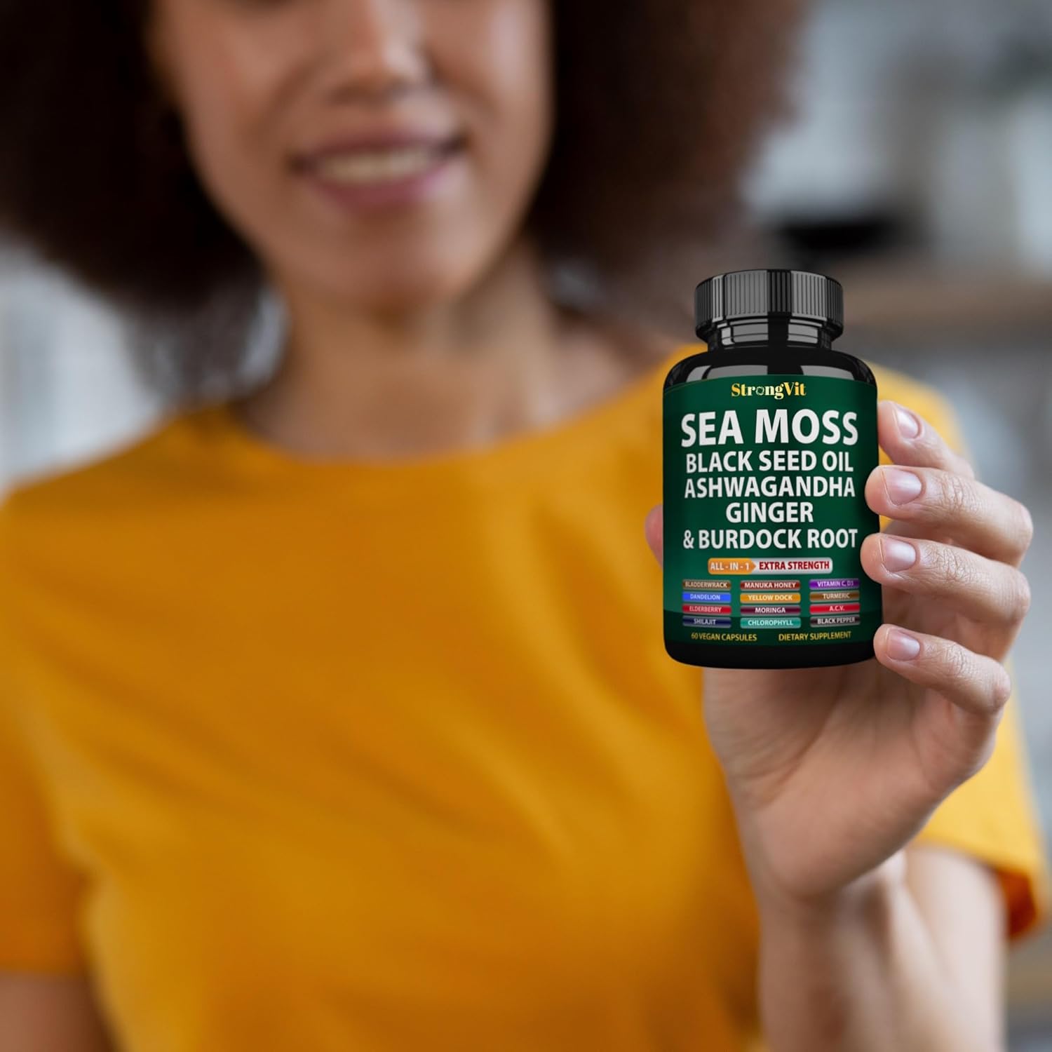 Organic Sea Moss Capsules with Black Seed Oil, Ginger, Ashwagandha, Burdock Root, Bladderwrack, Turmeric, Shilajit - Multimineral Supplement (120 Capsules)