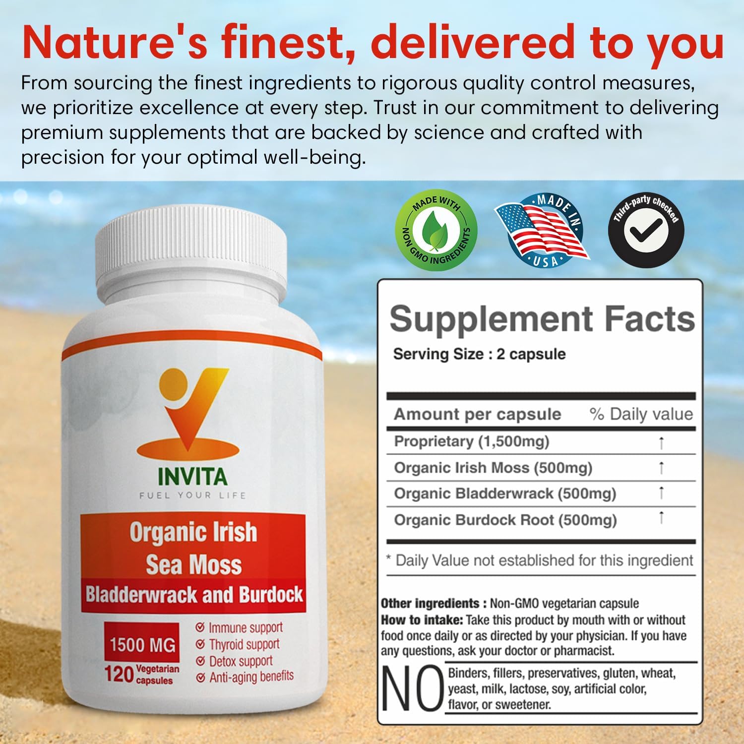 Organic Sea Moss Capsules with Bladderwrack & Burdock Root - 1500mg Superfood Supplement for Immune System, Detox, Joints, Gut Health - 120 Capsules