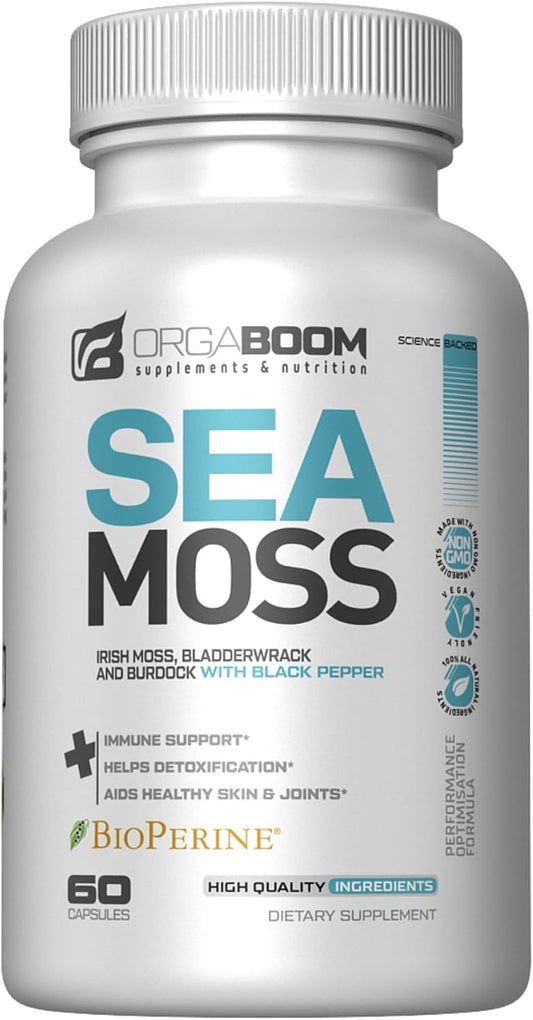Organic Sea Moss Capsules with Irish Sea Moss, Burdock Root, Bladderwrack & Black Pepper | Energy Boost, Detox & Immune Support | Non-GMO, Vegan | 60 Count - Made in USA