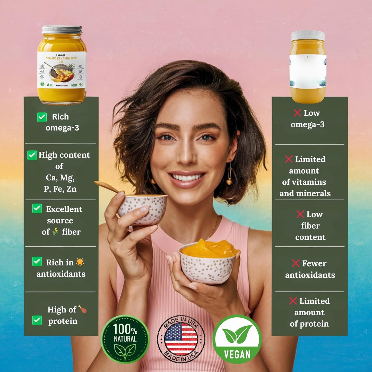Organic Sea Moss Gel with Chia Seeds - Immune & Digestive Support, Vegan Superfood - Mango Pineapple Flavor - 16 oz - Made in USA