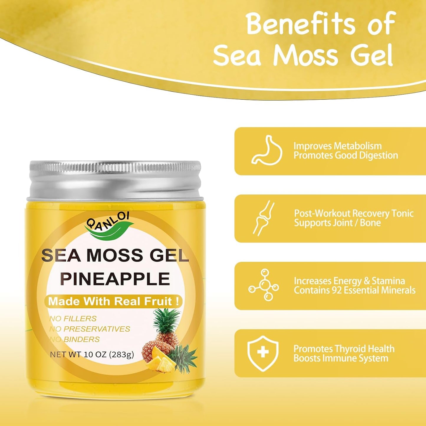 Organic Sea Moss Gel with Fresh Fruit (10oz) - Pineapple Flavor, Gluten-Free, Vegan, Non-GMO Superfood with Essential Vitamins & Minerals