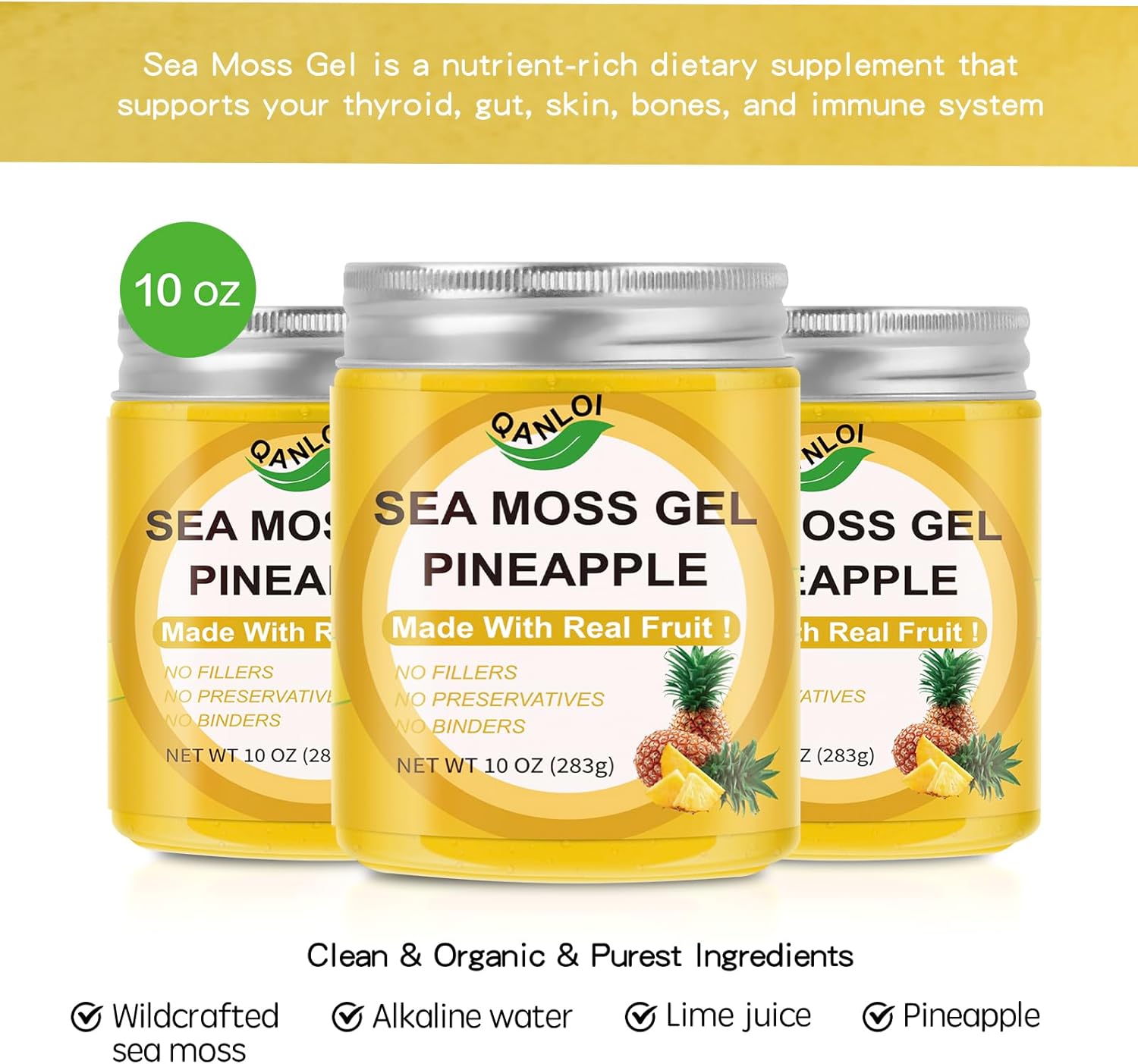 Organic Sea Moss Gel with Fresh Fruit (10oz) - Pineapple Flavor, Gluten-Free, Vegan, Non-GMO Superfood with Essential Vitamins & Minerals