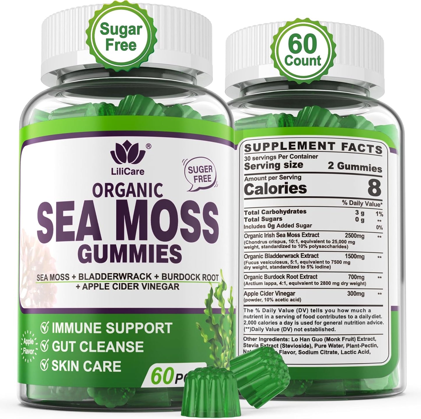 Organic Sea Moss Gummies for Immune & Thyroid Support - Apple Cider Vinegar, Burdock Root, Bladderwrack - Vegan Supplement for Gut & Skin Health, Sugar-Free - 60 Count