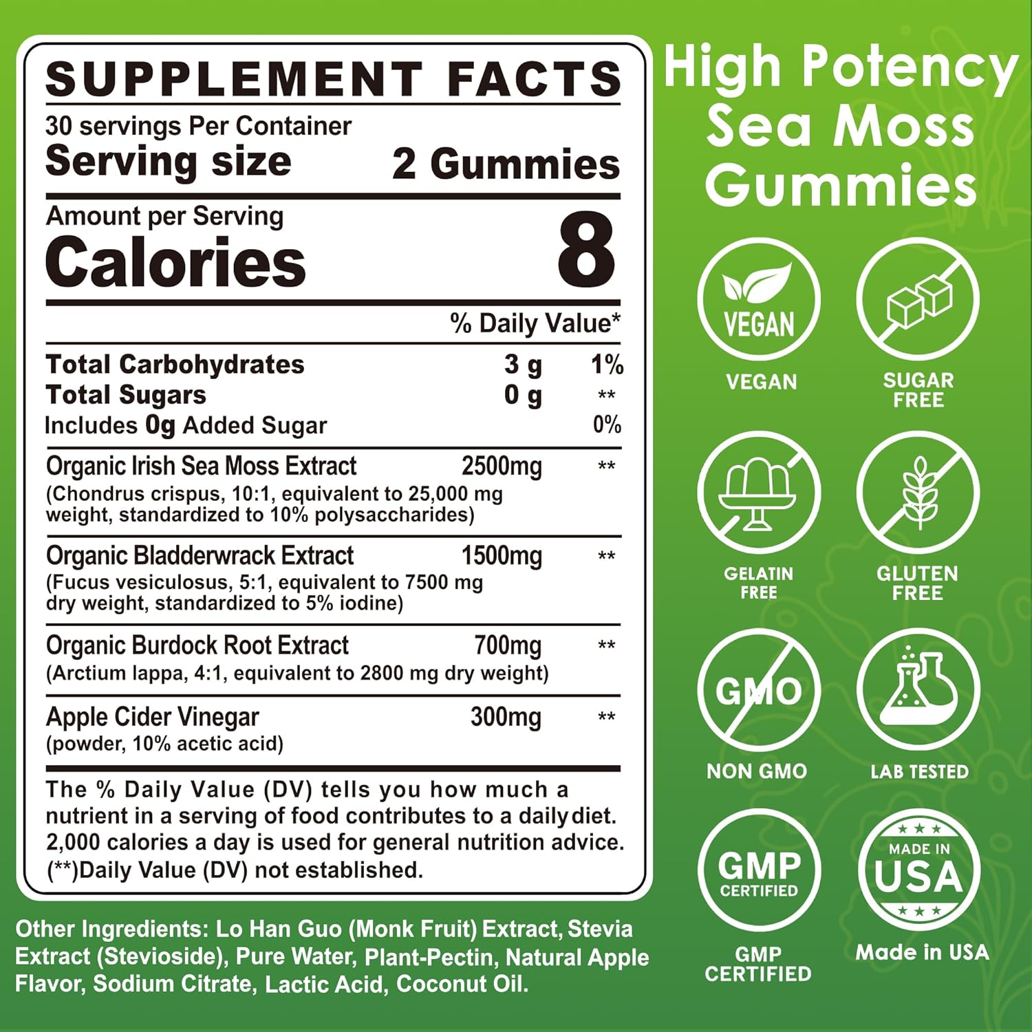 Organic Sea Moss Gummies for Immune & Thyroid Support - Apple Cider Vinegar, Burdock Root, Bladderwrack - Vegan Supplement for Gut & Skin Health, Sugar-Free - 60 Count