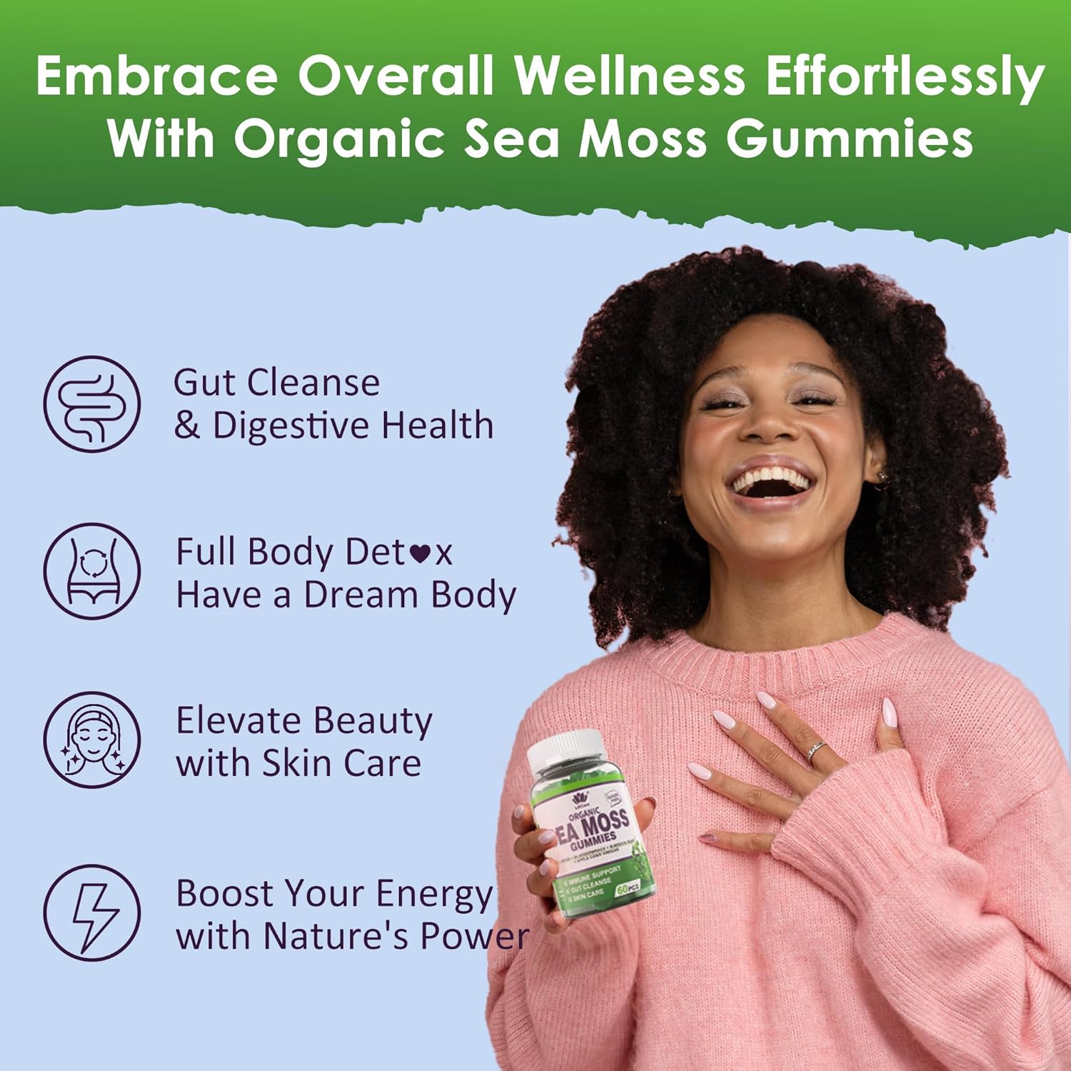 Organic Sea Moss Gummies for Immune & Thyroid Support - Apple Cider Vinegar, Burdock Root, Bladderwrack - Vegan Supplement for Gut & Skin Health, Sugar-Free - 60 Count