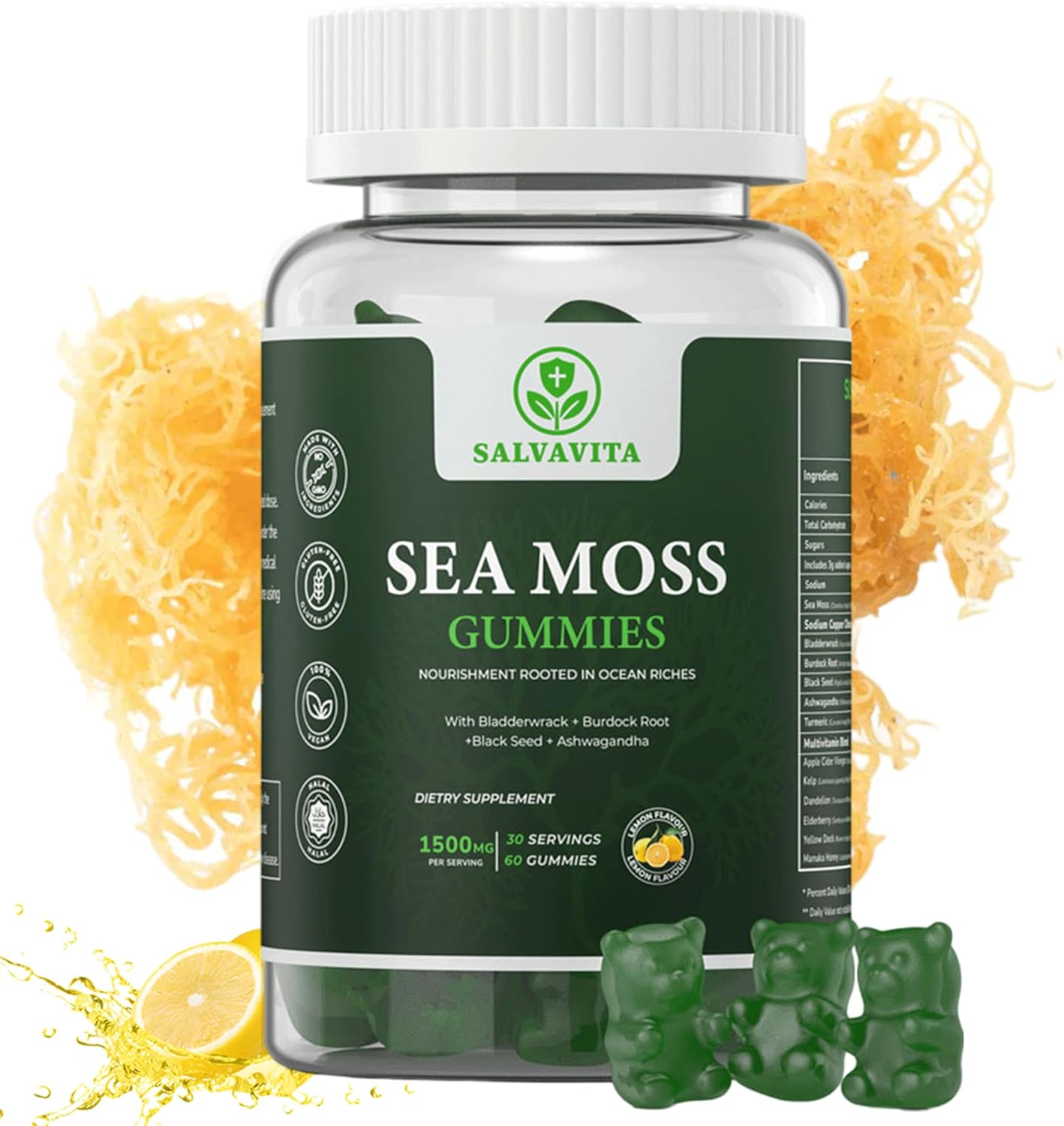 Organic Sea Moss Gummies with Bladderwrack, Burdock Root, Black Seed & Ashwagandha - Lemon Flavor | 1500mg Serving - 60 Gummies