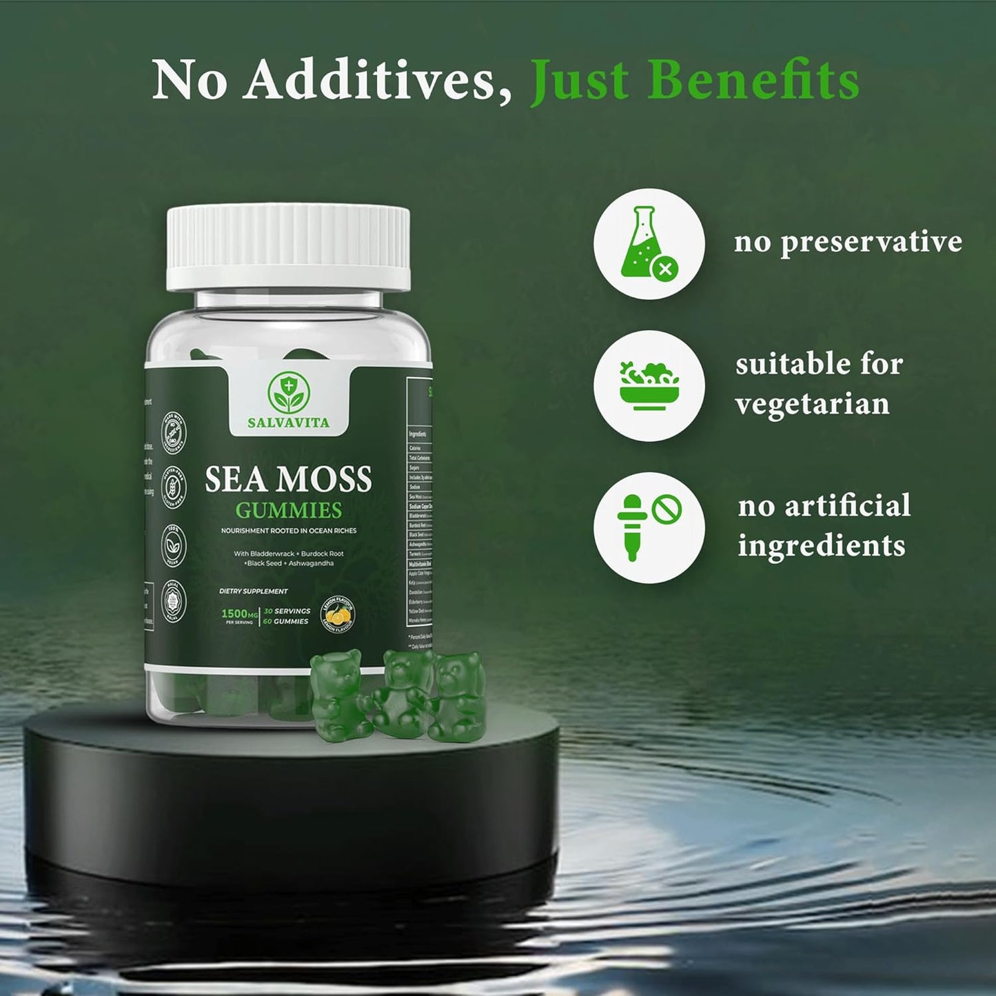 Organic Sea Moss Gummies with Bladderwrack, Burdock Root, Black Seed & Ashwagandha - Lemon Flavor | 1500mg Serving - 60 Gummies